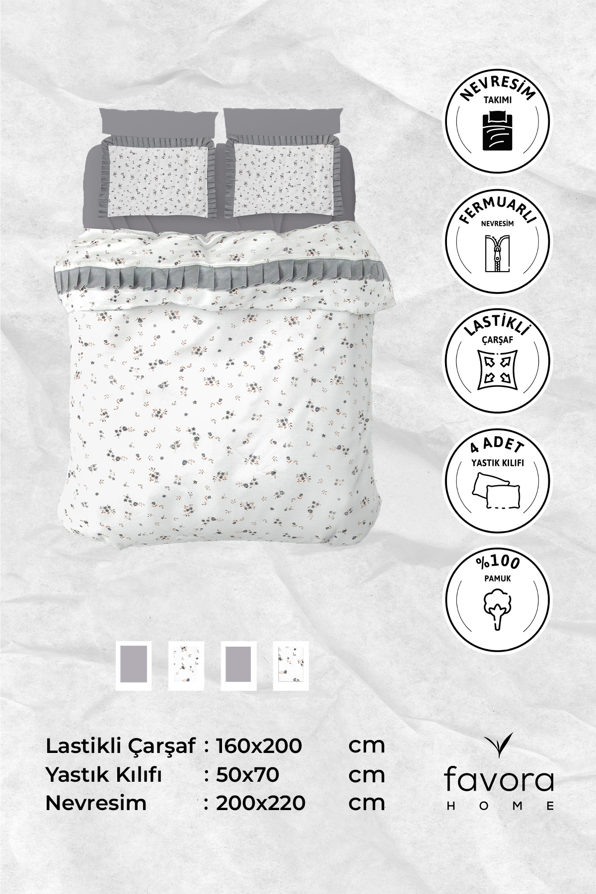 Floria Fırfırlı Çift Kişilik NevresimTakımı-Gri Floria Fırfırlı Çift Kişilik NevresimTakımı-Gri