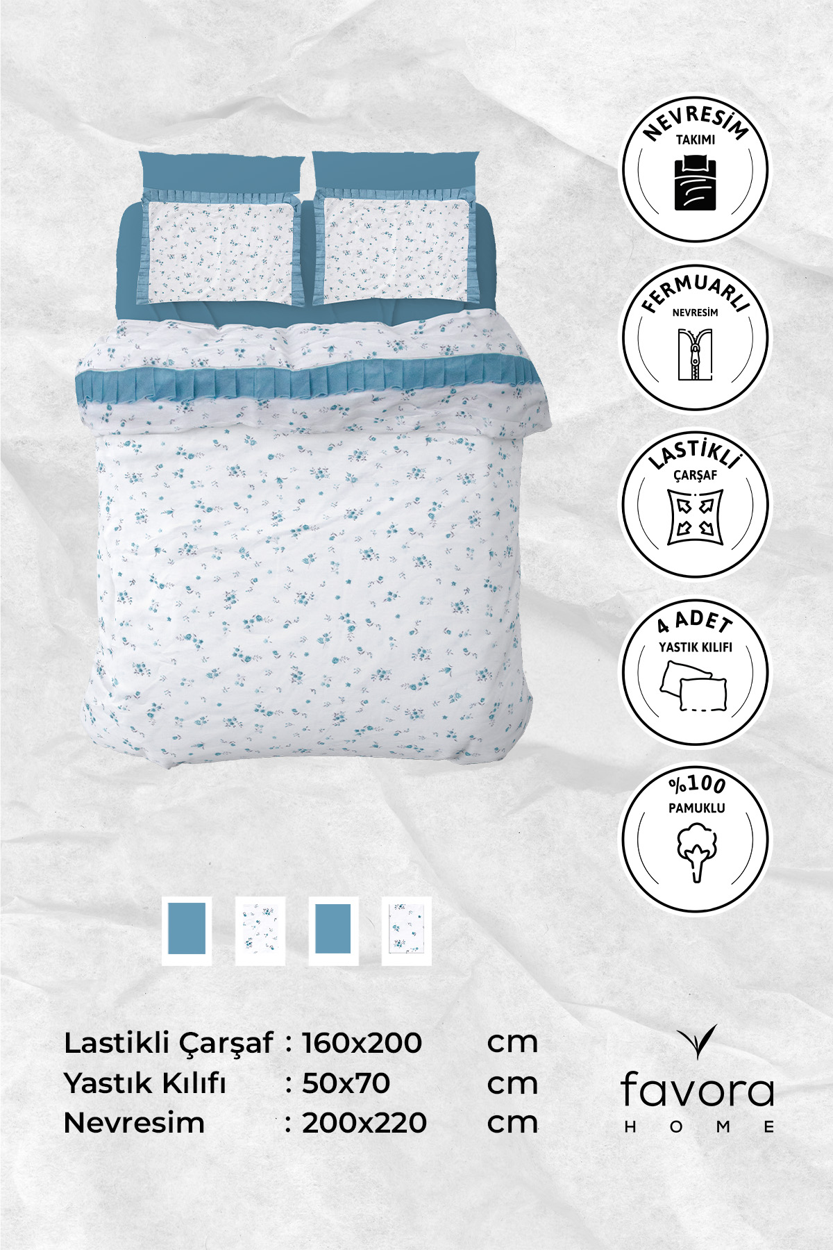 Floria Fırfırlı Çift Kişilik NevresimTakımı-Mavi Floria Fırfırlı Çift Kişilik NevresimTakımı-Mavi