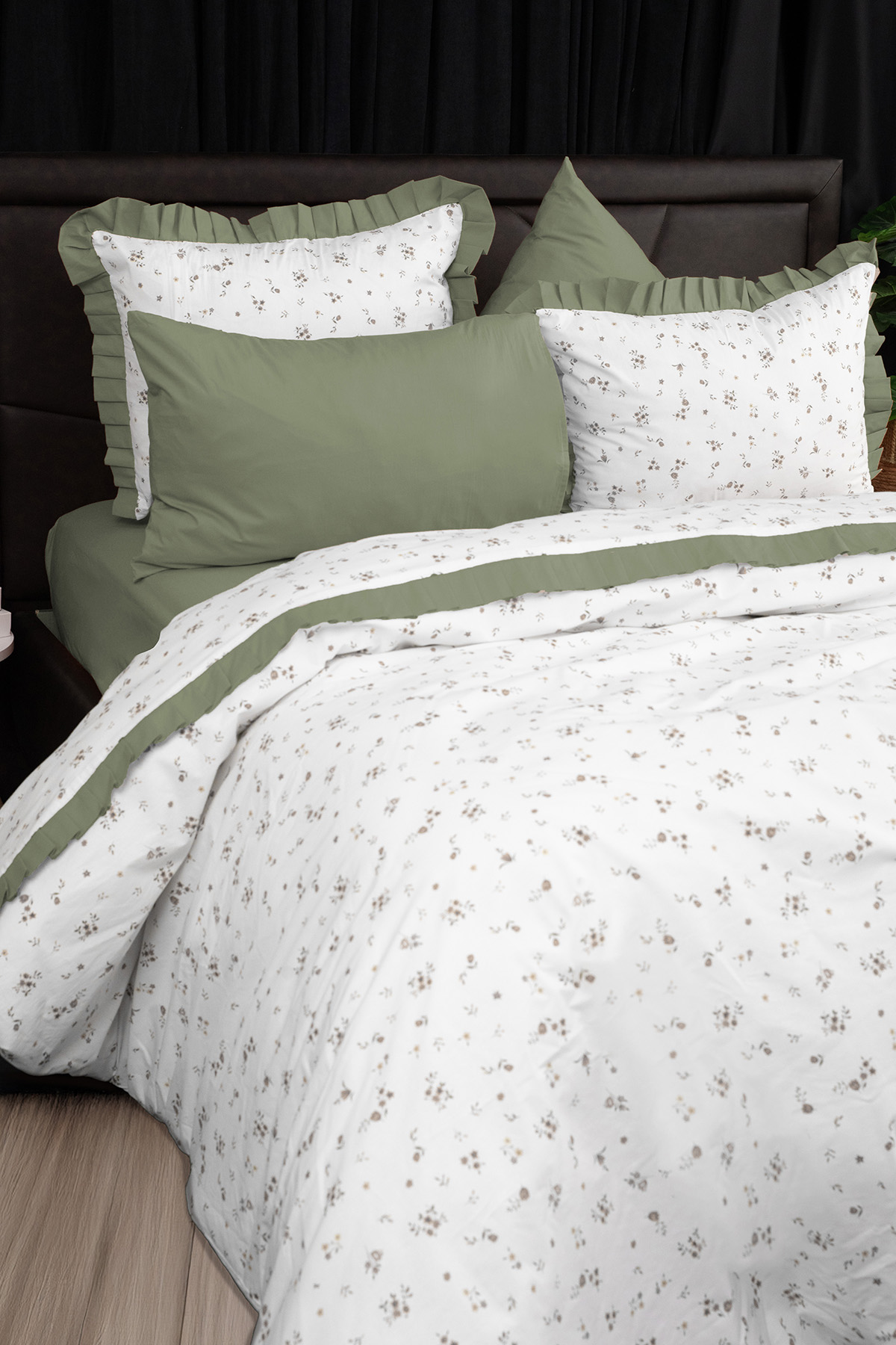 Floria Premium %100 Pamuk Fırfırlı Çift Kişilik Nevresim Takımı - Yeşil