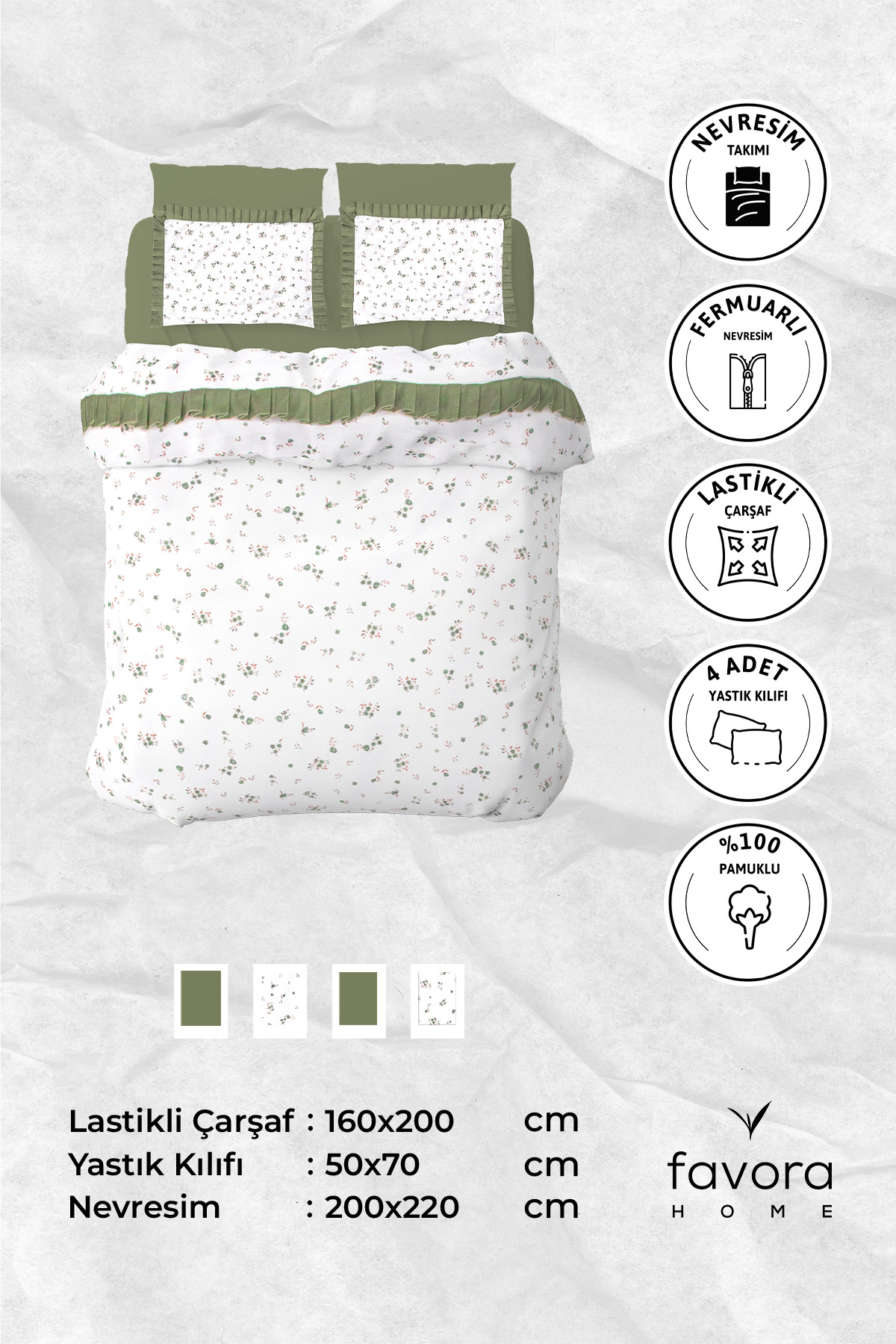 Floria Fırfırlı Çift Kişilik NevresimTakımı-Yeşil Floria Fırfırlı Çift Kişilik NevresimTakımı-Yeşil