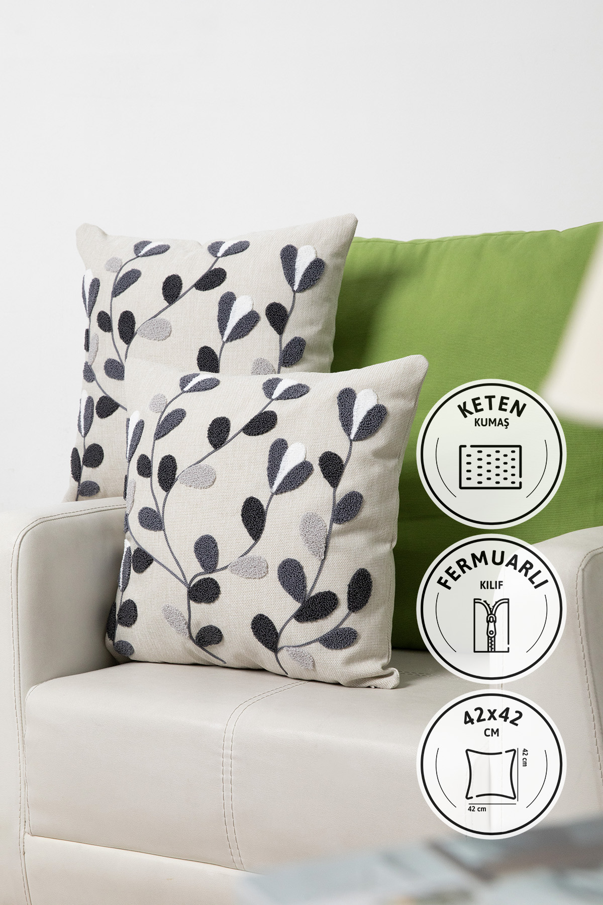 Flower Keten Punch Nakışlı 2'li Kırlent Kılıfı 42x42 - Antrasit Flower Keten Punch Nakışlı 2'li Kırlent Kılıfı 42x42 - Antrasit