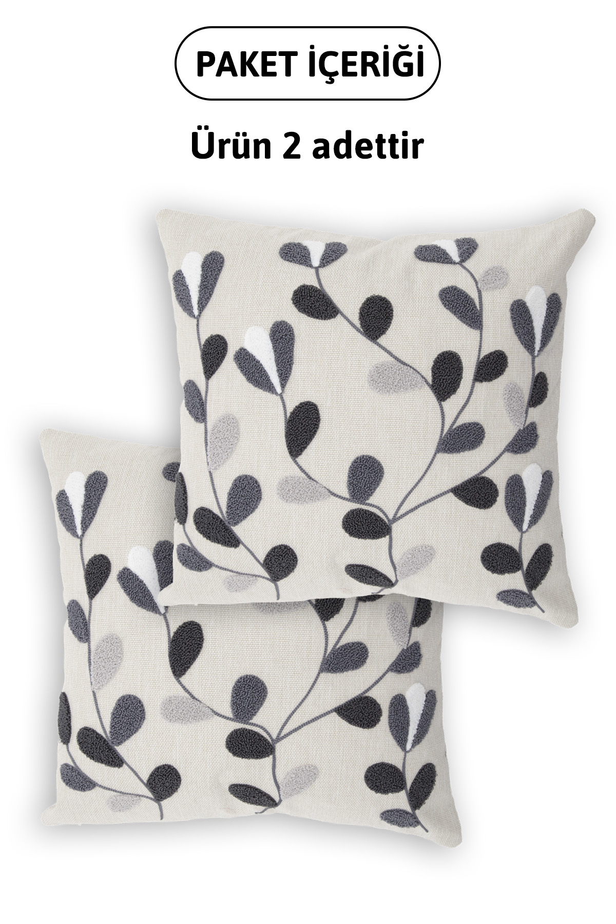Flower Keten Punch Nakışlı 2'li Kırlent Kılıfı 42x42 - Antrasit