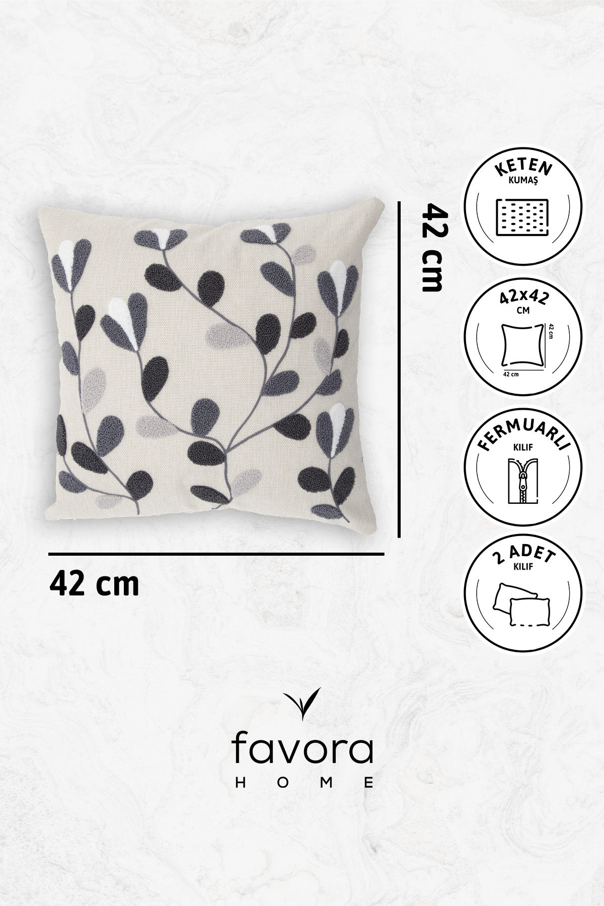 Flower Keten Punch Nakışlı 2'li Kırlent Kılıfı 42x42 - Antrasit