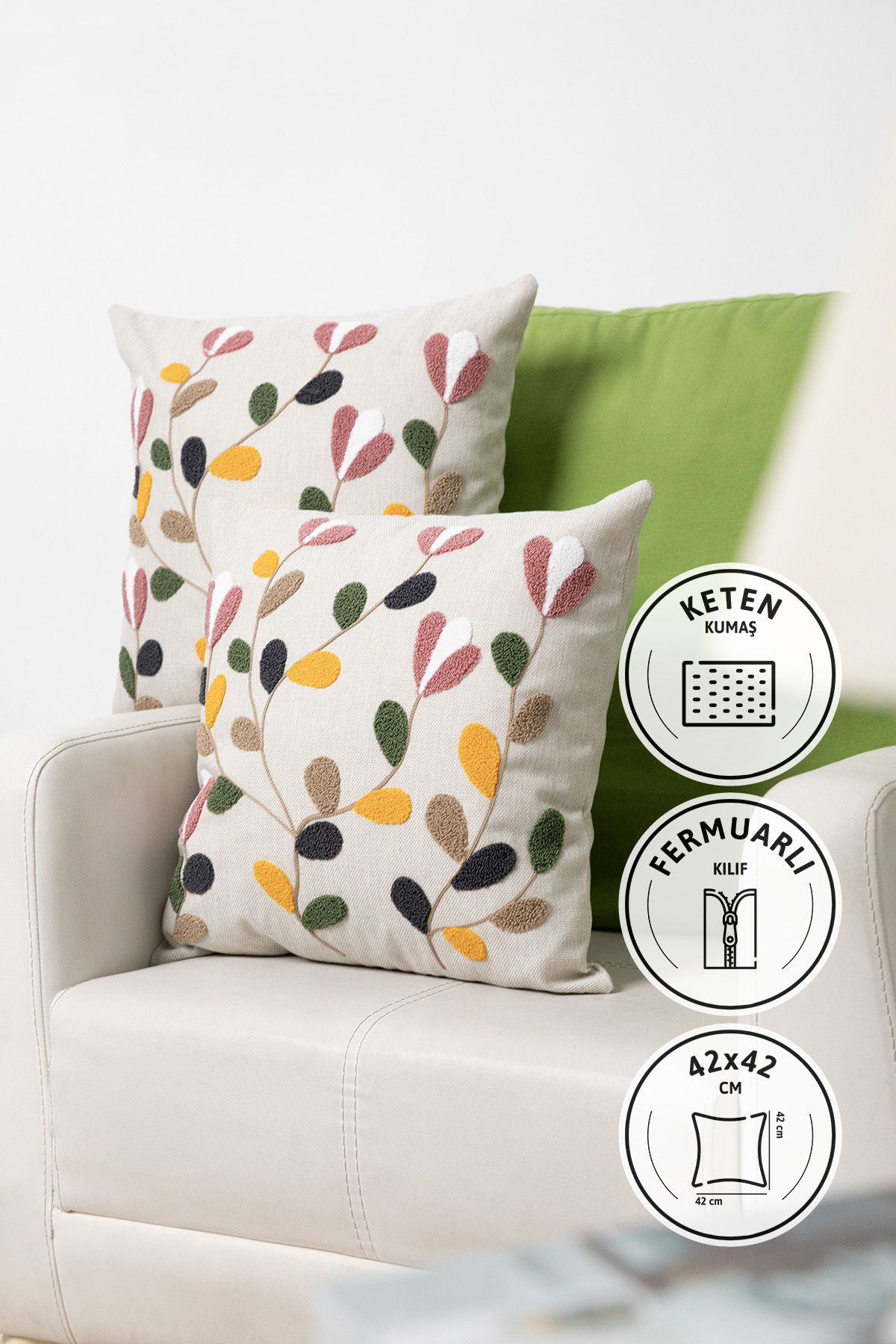 Flower Keten Punch Nakışlı 2'li Kırlent Kılıfı 42x42 - Renkli Flower Keten Punch Nakışlı 2'li Kırlent Kılıfı 42x42 - Renkli