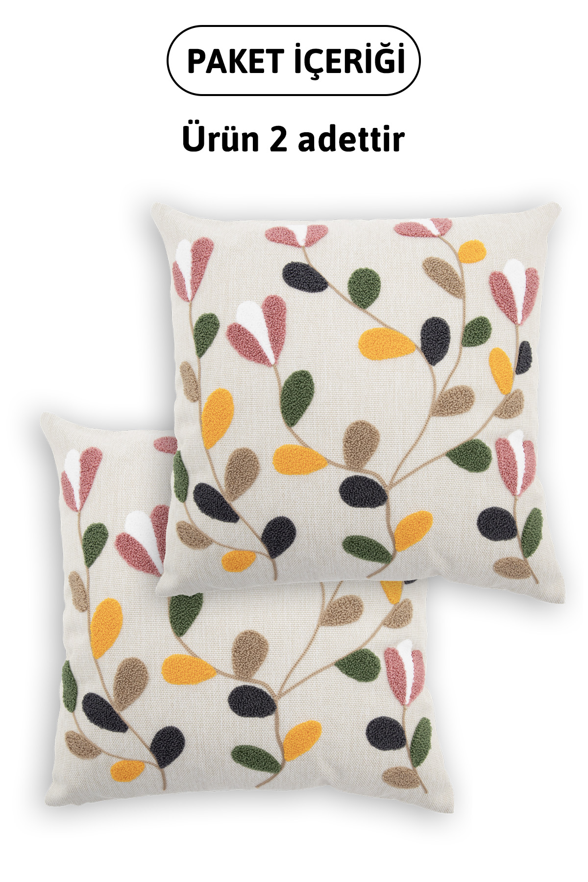 Flower Keten Punch Nakışlı 2'li Kırlent Kılıfı 42x42 - Renkli