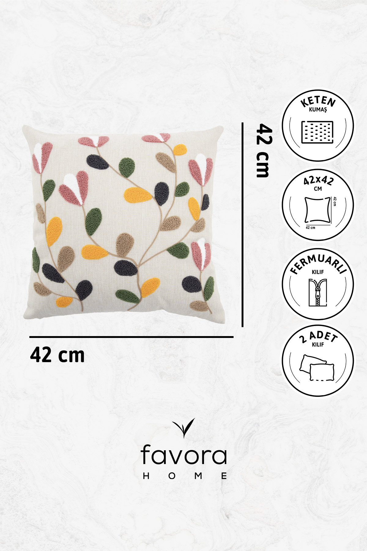 Flower Keten Punch Nakışlı 2'li Kırlent Kılıfı 42x42 - Renkli