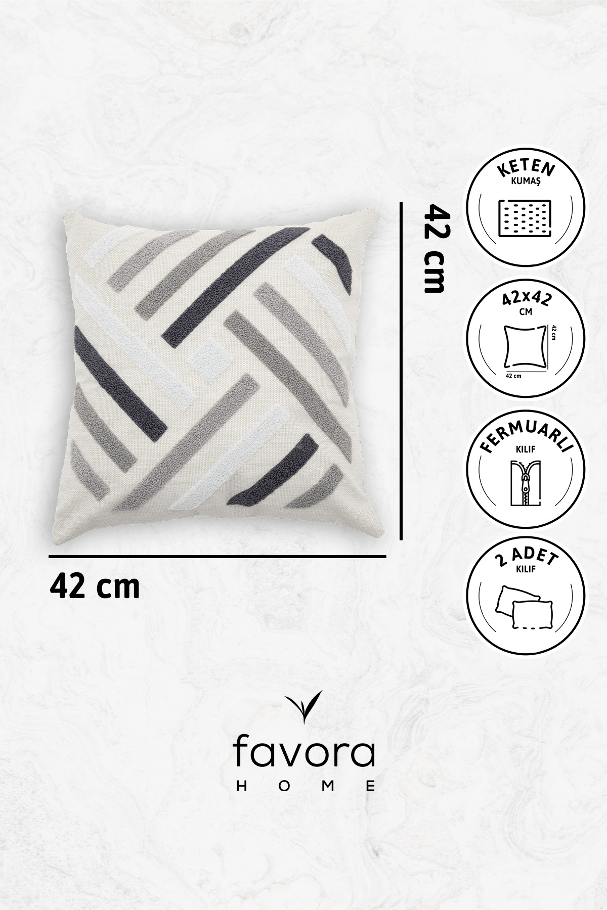 Geometrik Keten Punch Nakışlı 2'li Kırlent Kılıfı 42x42 - Gri