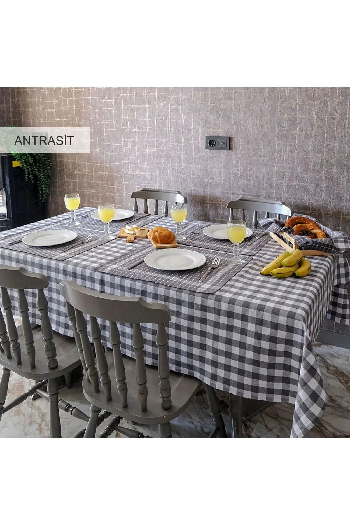 İyi Geceler %100 Pamuklu Happy Days Minimal Doğal Ahşap Ekmek Sepetli Sofra Ve Piknik Seti 7 Parça - Antrasit