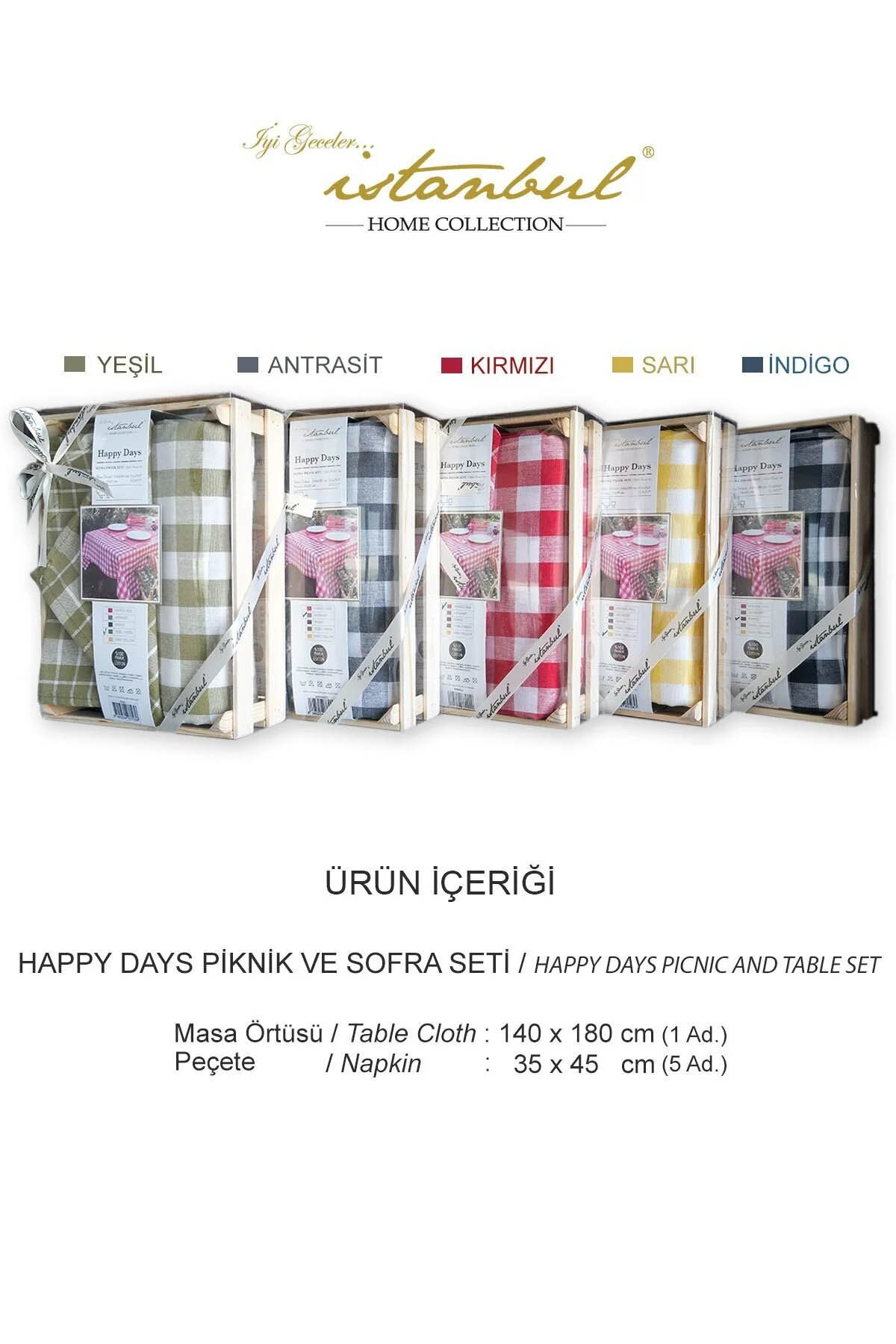 İyi Geceler %100 Pamuklu Happy Days Minimal Doğal Ahşap Ekmek Sepetli Sofra Ve Piknik Seti 7 Parça - Antrasit