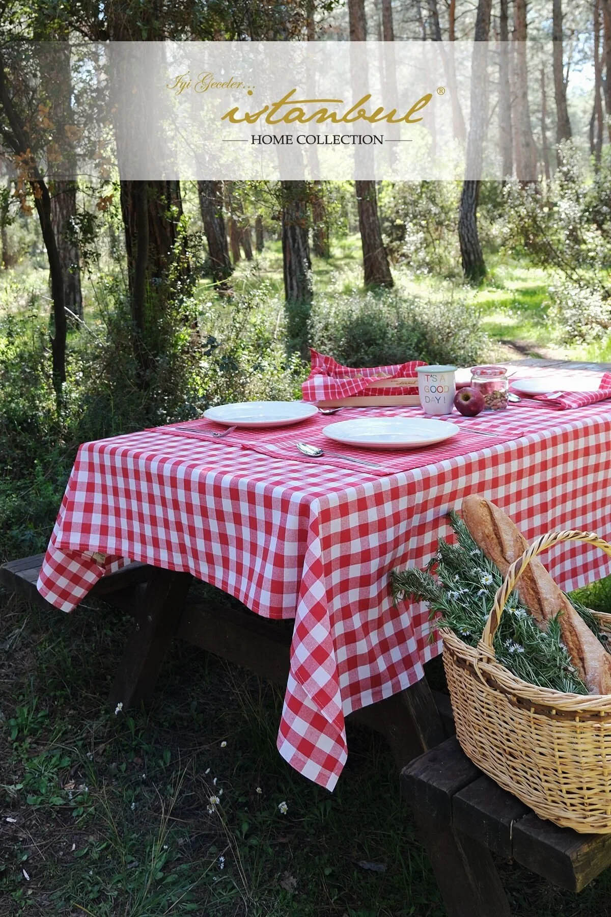 İyi Geceler %100 Pamuklu Happy Days Minimal Doğal Ahşap Ekmek Sepetli Sofra Ve Piknik Seti 7 Parça - Kırmızı