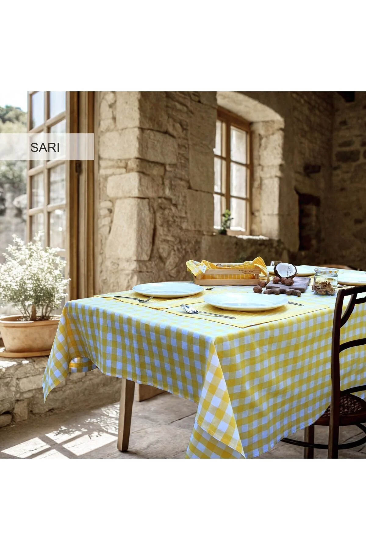 İyi Geceler %100 Pamuklu Happy Days Minimal Doğal Ahşap Ekmek Sepetli Sofra Ve Piknik Seti 7 Parça - Sarı