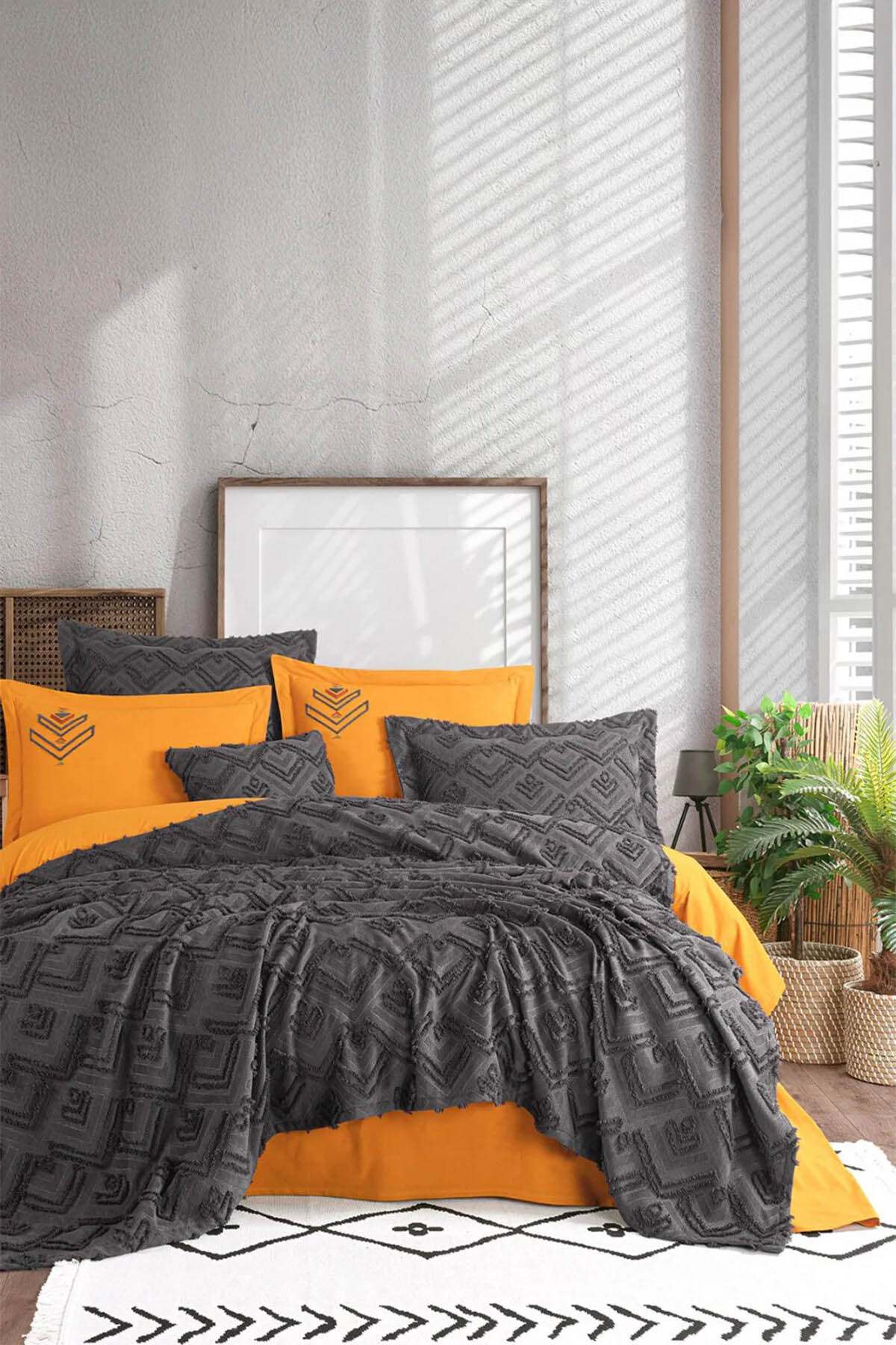 İyi Geceler Aztec Çift Kişilik %100 Pamuk Yatak Örtüsü Seti - Antrasit