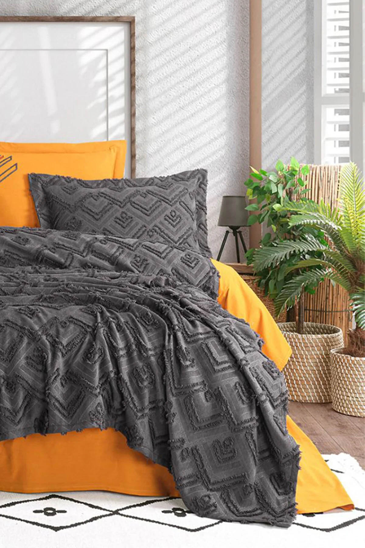 İyi Geceler Aztec Çift Kişilik %100 Pamuk Yatak Örtüsü Seti - Antrasit