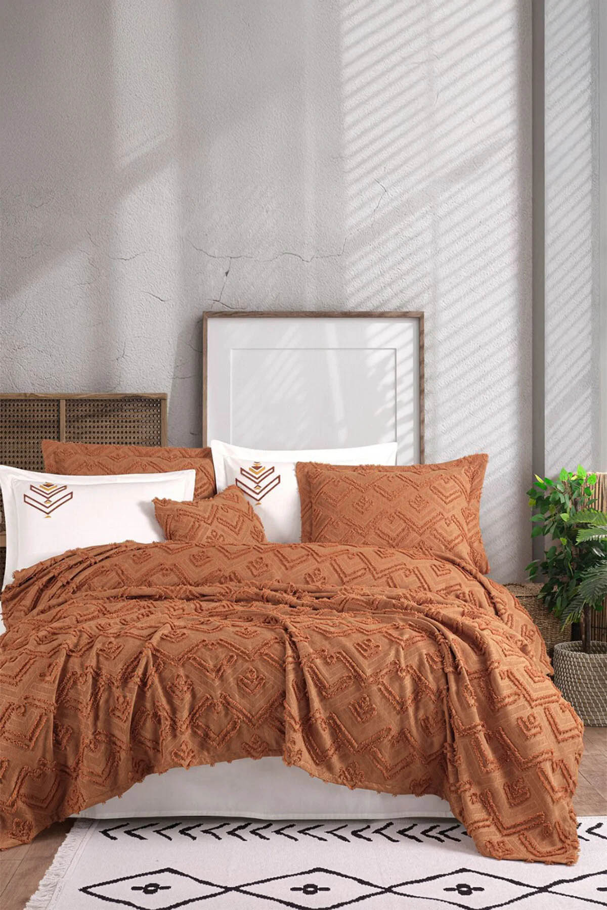 İyi Geceler Aztec Çift Kişilik %100 Pamuk Yatak Örtüsü Seti - Kiremit