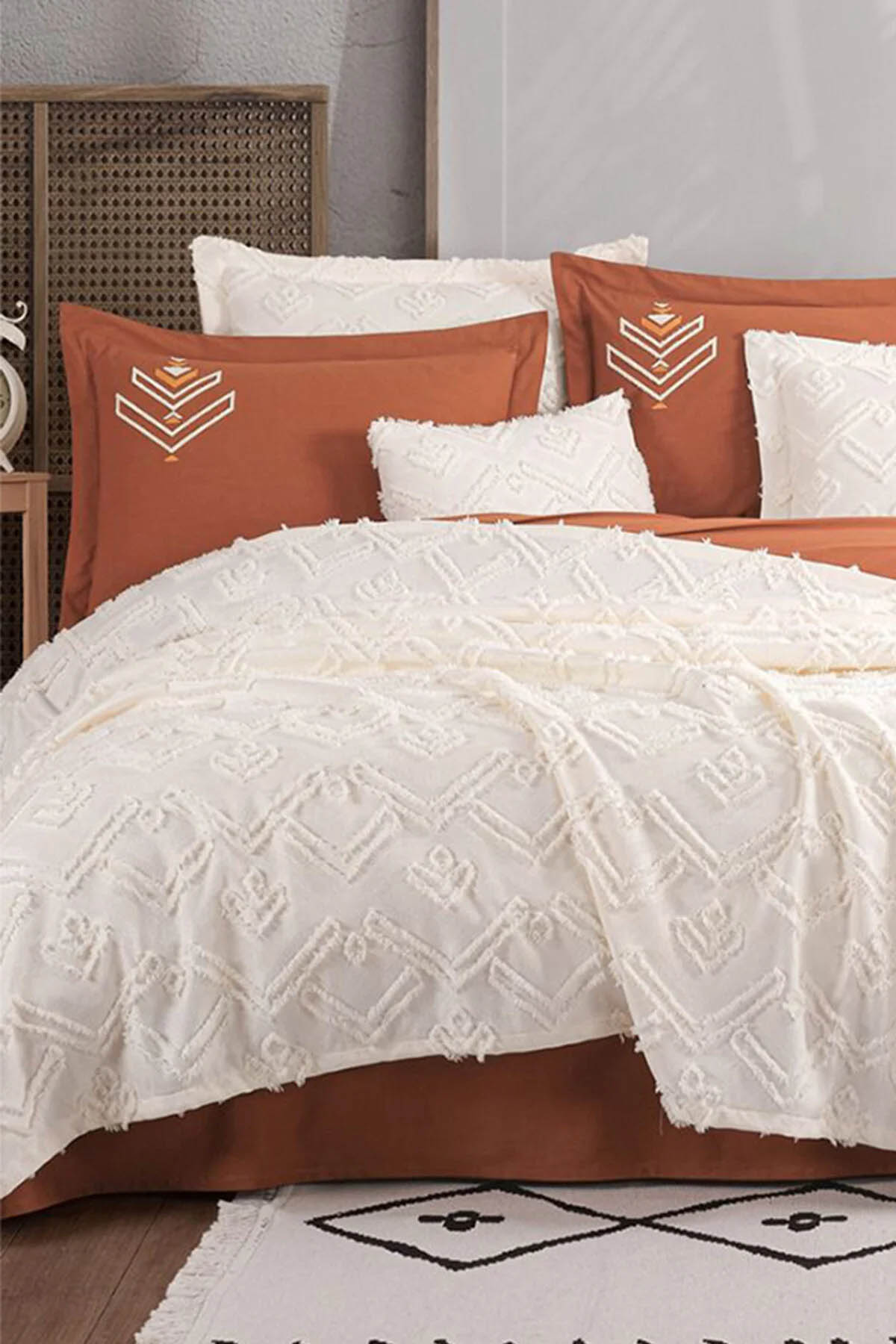 İyi Geceler Aztec Çift Kişilik %100 Pamuk Yatak Örtüsü Seti - Krem