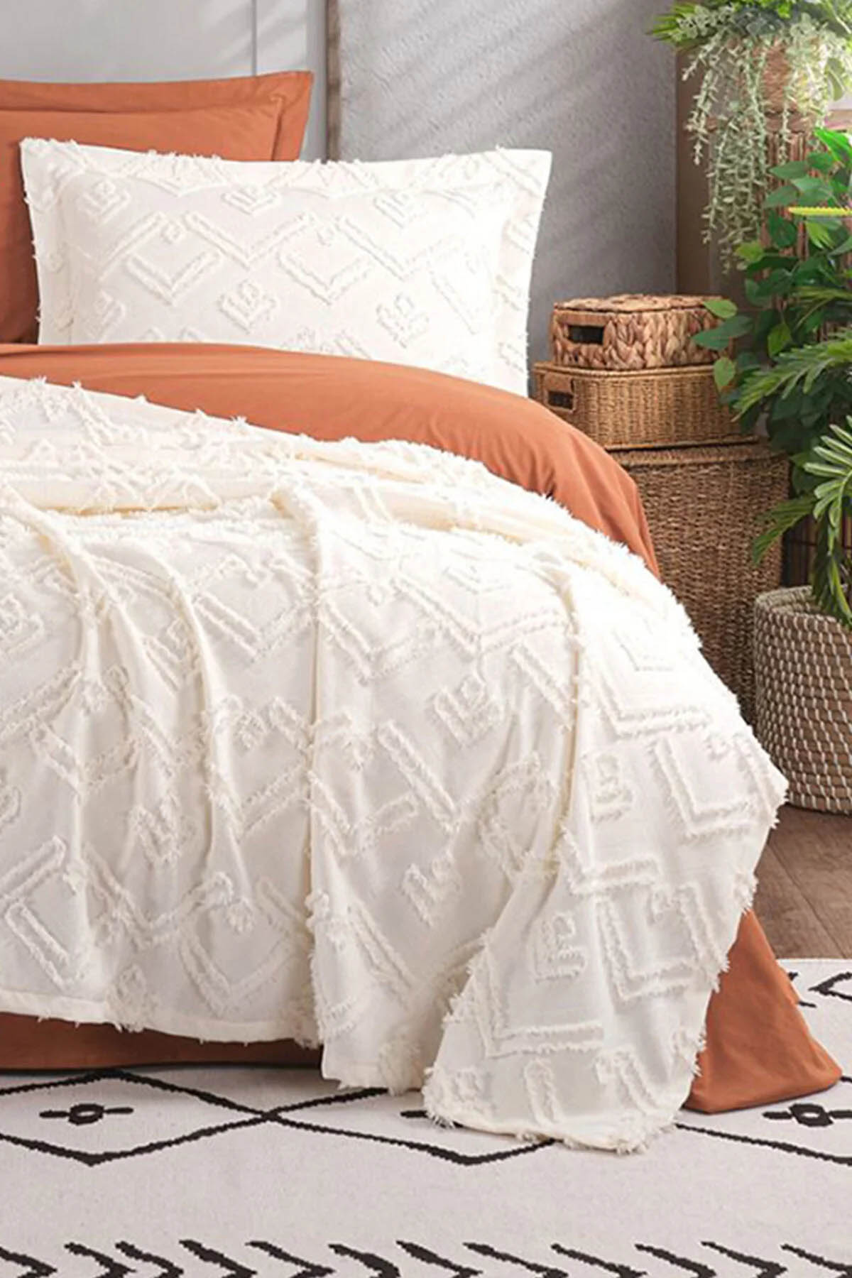 İyi Geceler Aztec Çift Kişilik %100 Pamuk Yatak Örtüsü Seti - Krem