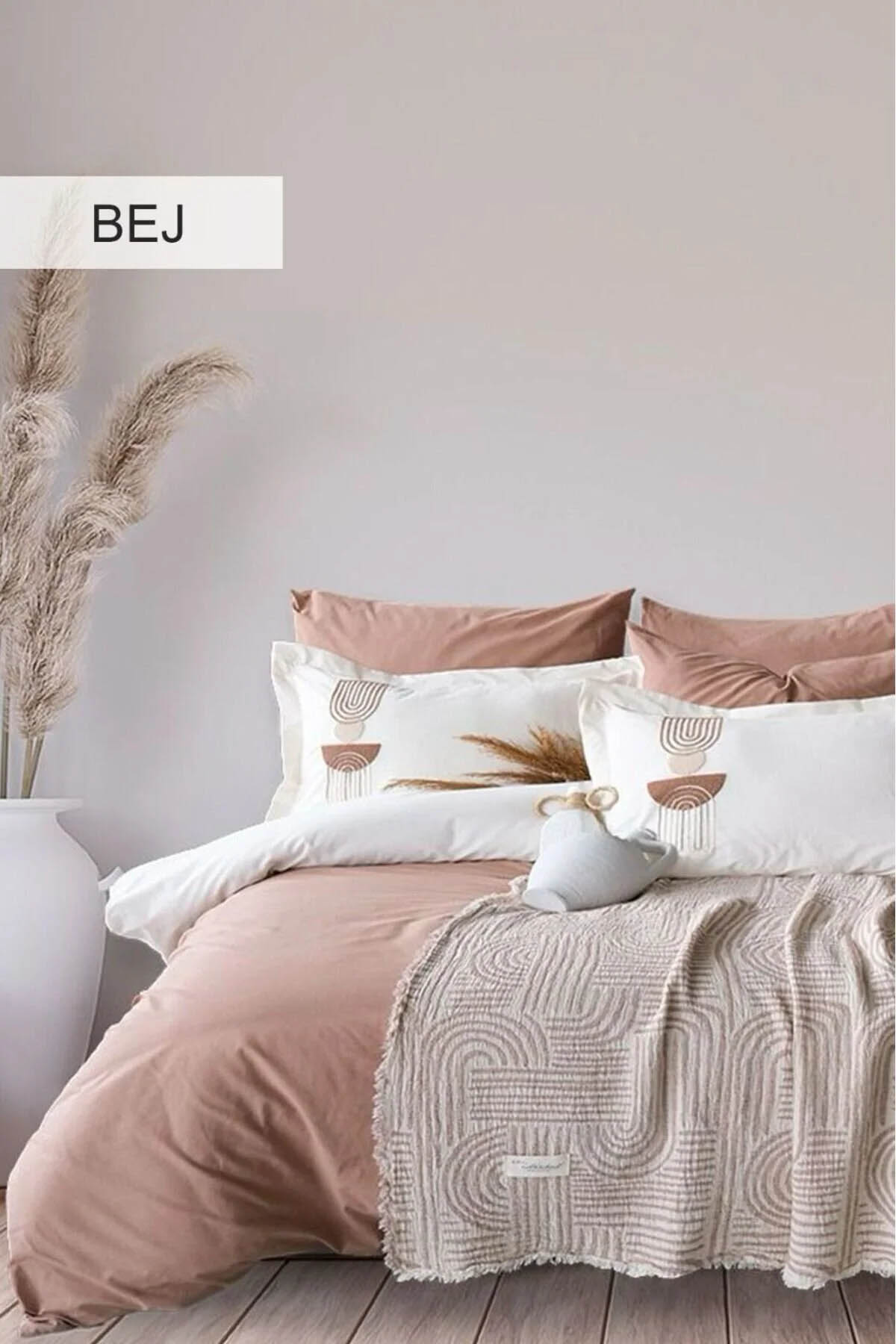 İyi Geceler Babil %100 Pamuklu Natural Çift 7 Parça Kişilik Nevresimli Müslin Pike Takımı - Bej