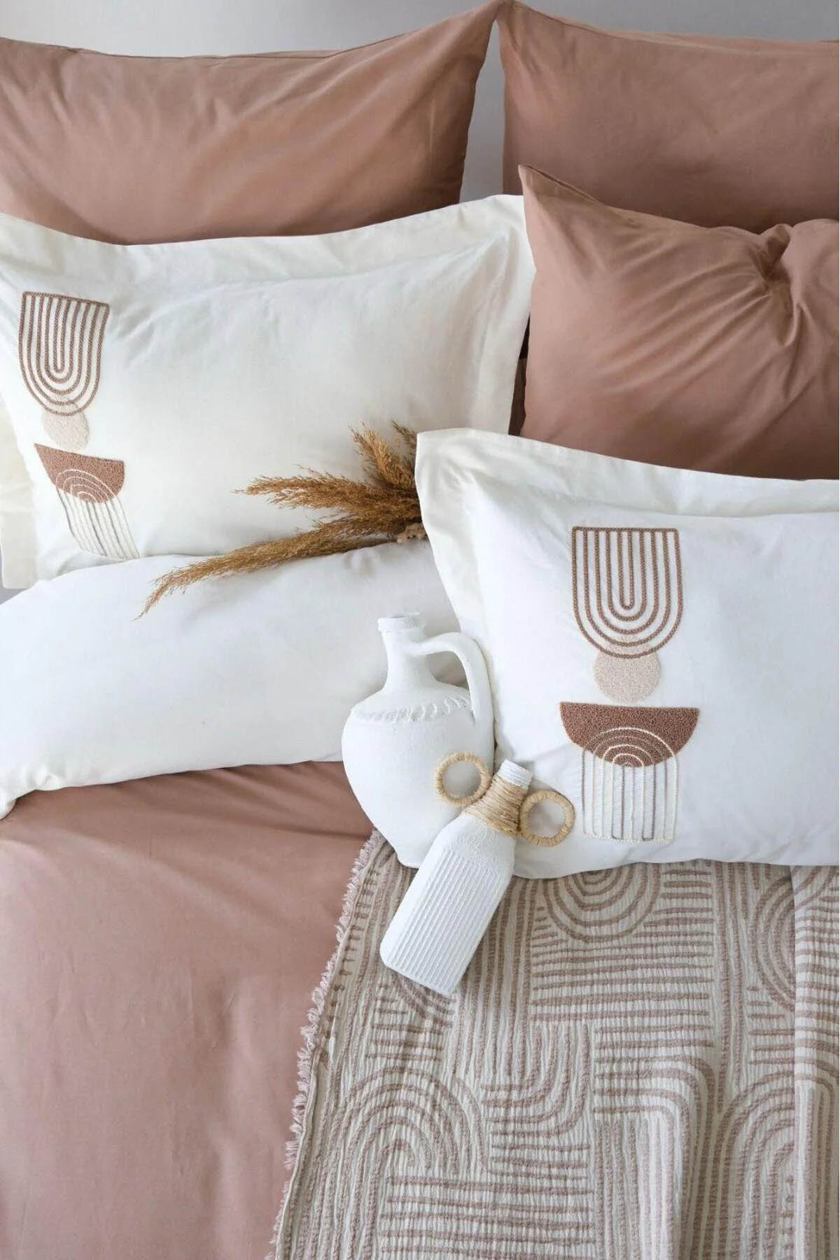 İyi Geceler Babil %100 Pamuklu Natural Çift 7 Parça Kişilik Nevresimli Müslin Pike Takımı - Bej