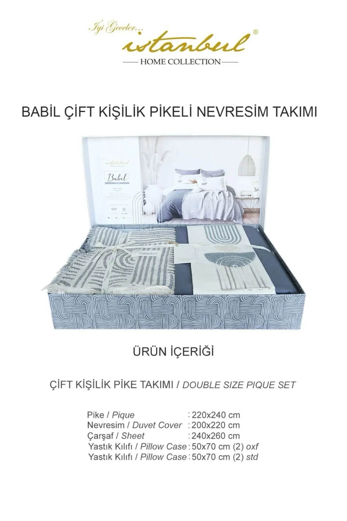 İyi Geceler Babil %100 Pamuklu Natural Çift Kişilik 7 Parça Nevresimli Müslin Pike Takımı - Haki