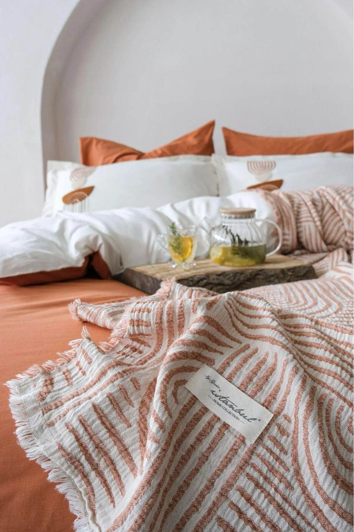 İyi Geceler Babil %100 Pamuklu Natural Çift Kişilik 7 Parça Nevresimli Müslin Pike Takımı - Kiremit