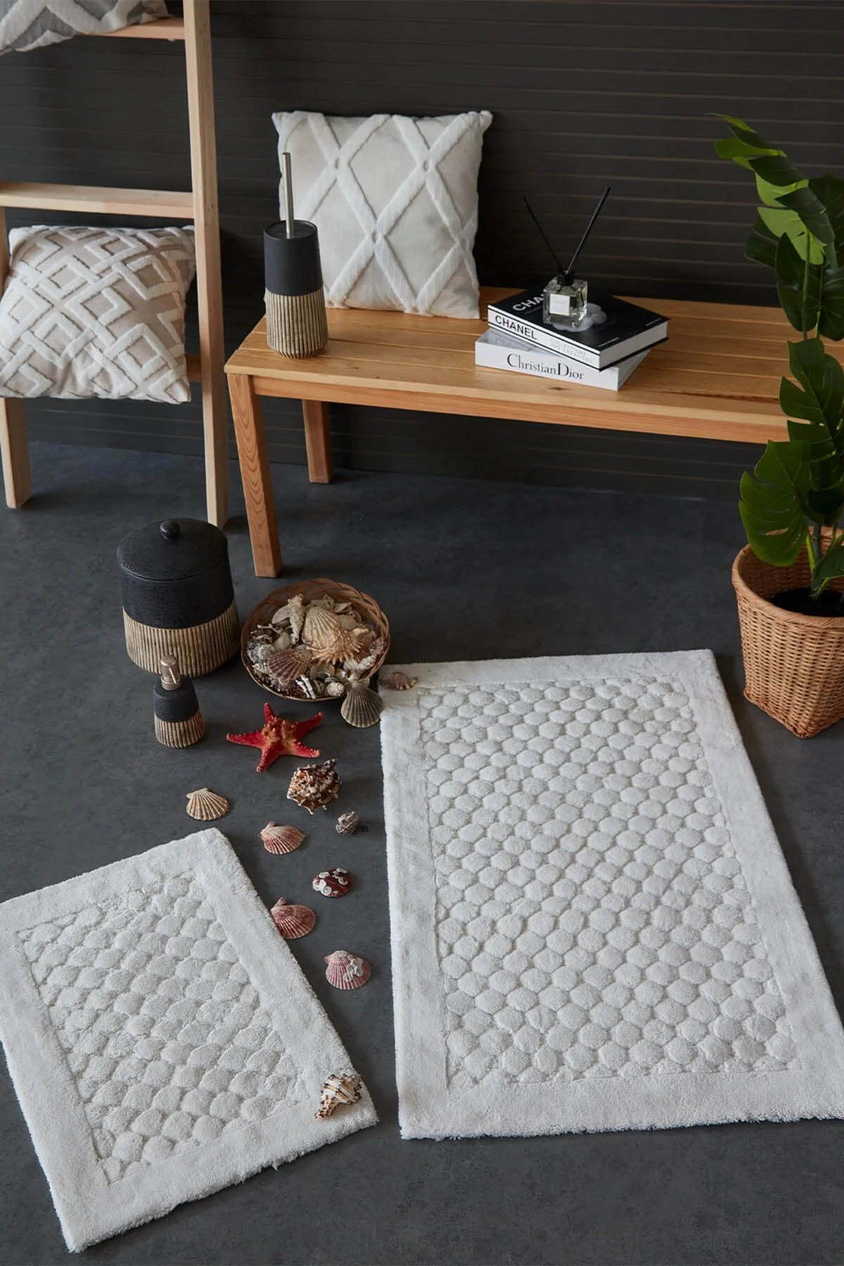 İyi Geceler By Poil %100 Pamuk Viskon 2 Parça Banyo Paspas Seti - Ekru