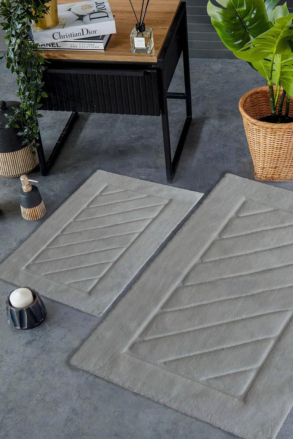 İyi Geceler HCW Cross %100 Pamuk Viskon 2 Parça Banyo Paspas Seti - Gri