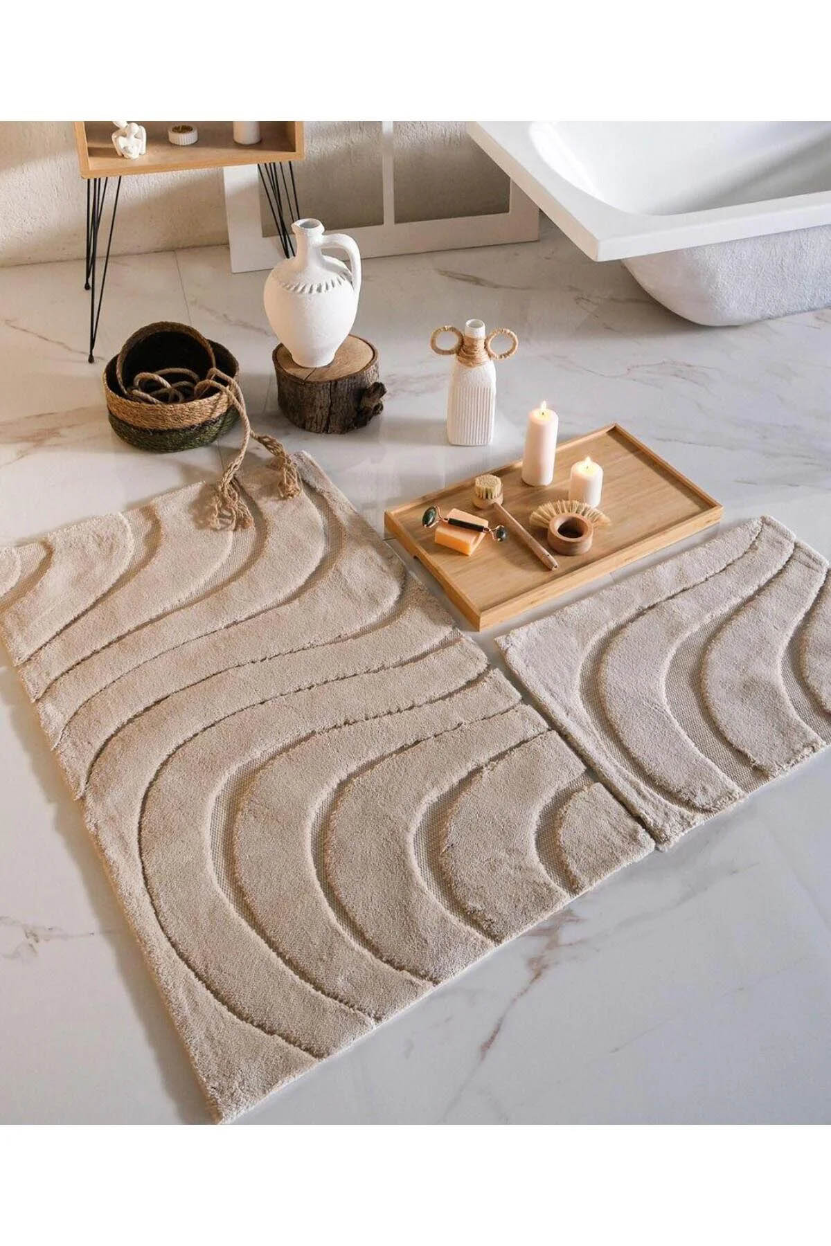 İyi Geceler HCW Line %100 Pamuk Vaven 2 Parça Banyo Paspas Seti - Bej