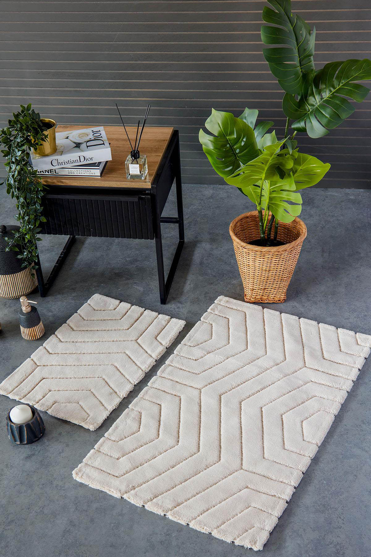 İyi Geceler Plaid %100 Pamuk Viskon 2 Parça Banyo Paspas Seti - Bej