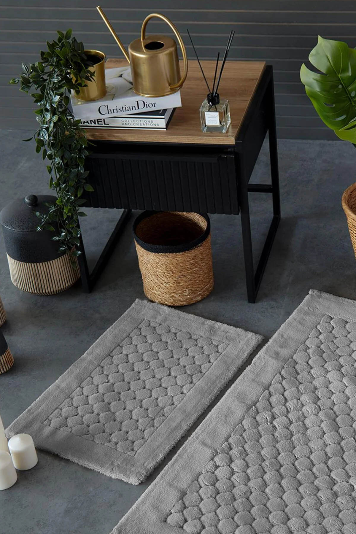 İyi Geceler Poil %100 Pamuk Viskon 2 Parça Banyo Paspas Seti - Açık Gri