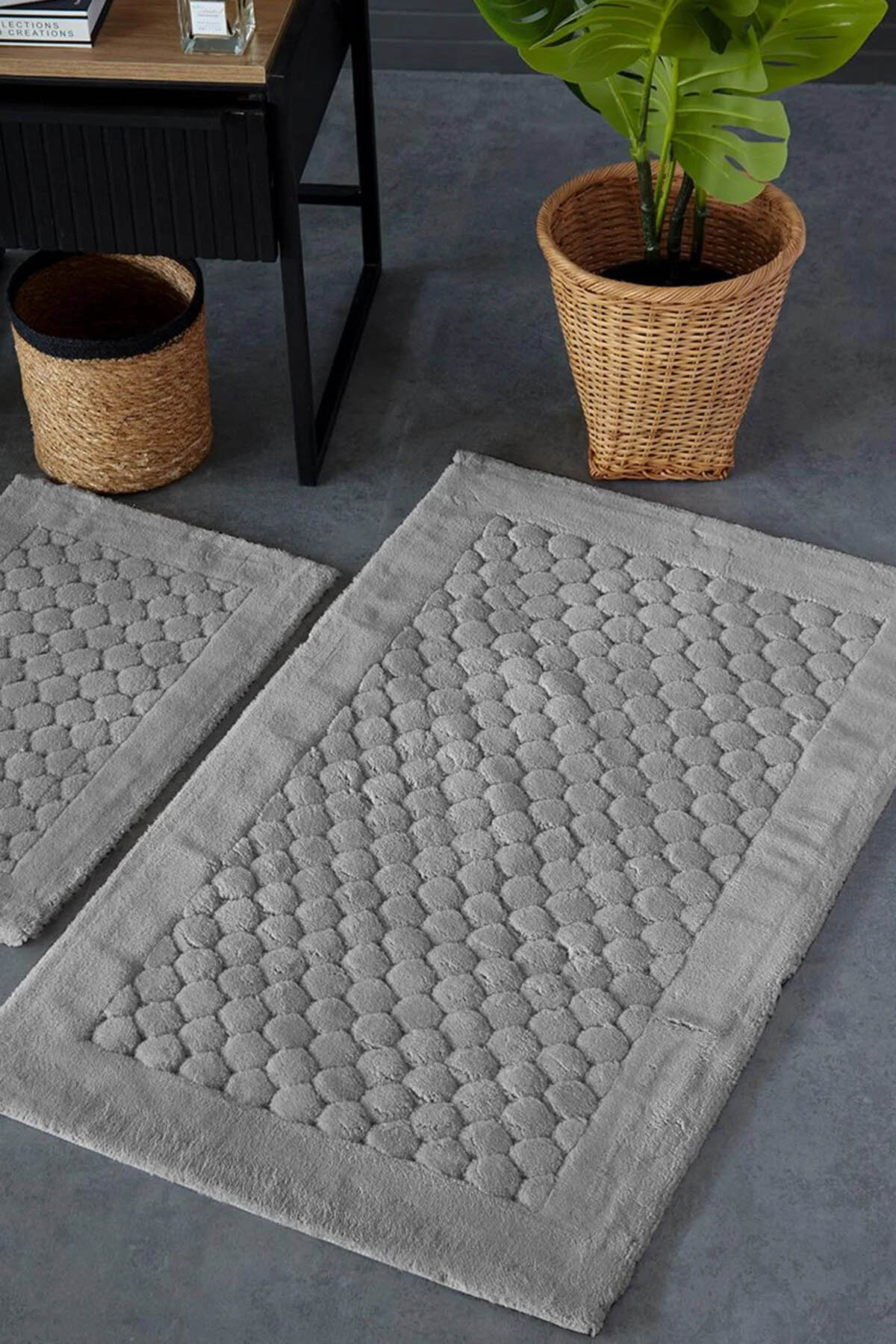 İyi Geceler Poil %100 Pamuk Viskon 2 Parça Banyo Paspas Seti - Açık Gri