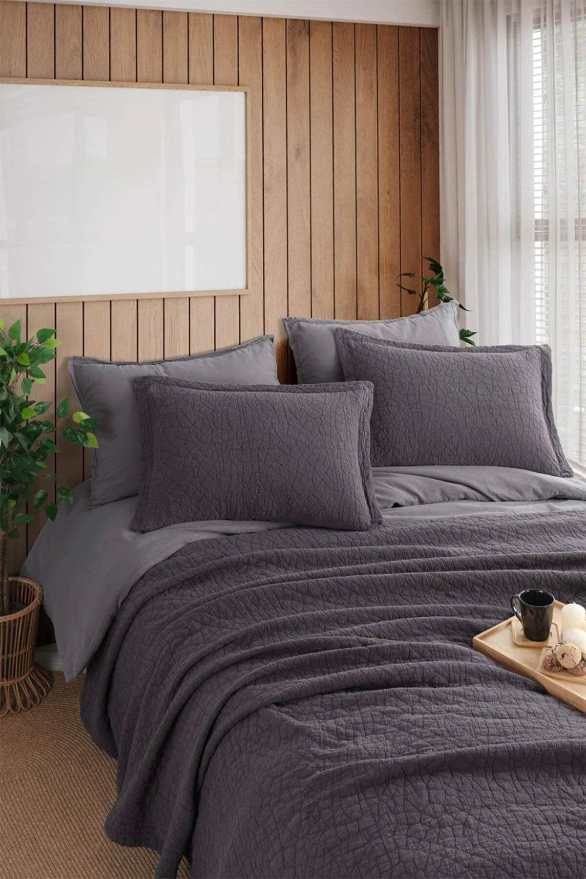 İyi Geceler Zen Stone Çift Kişilik %100 Pamuk Yatak Örtüsü Seti - Antrasit