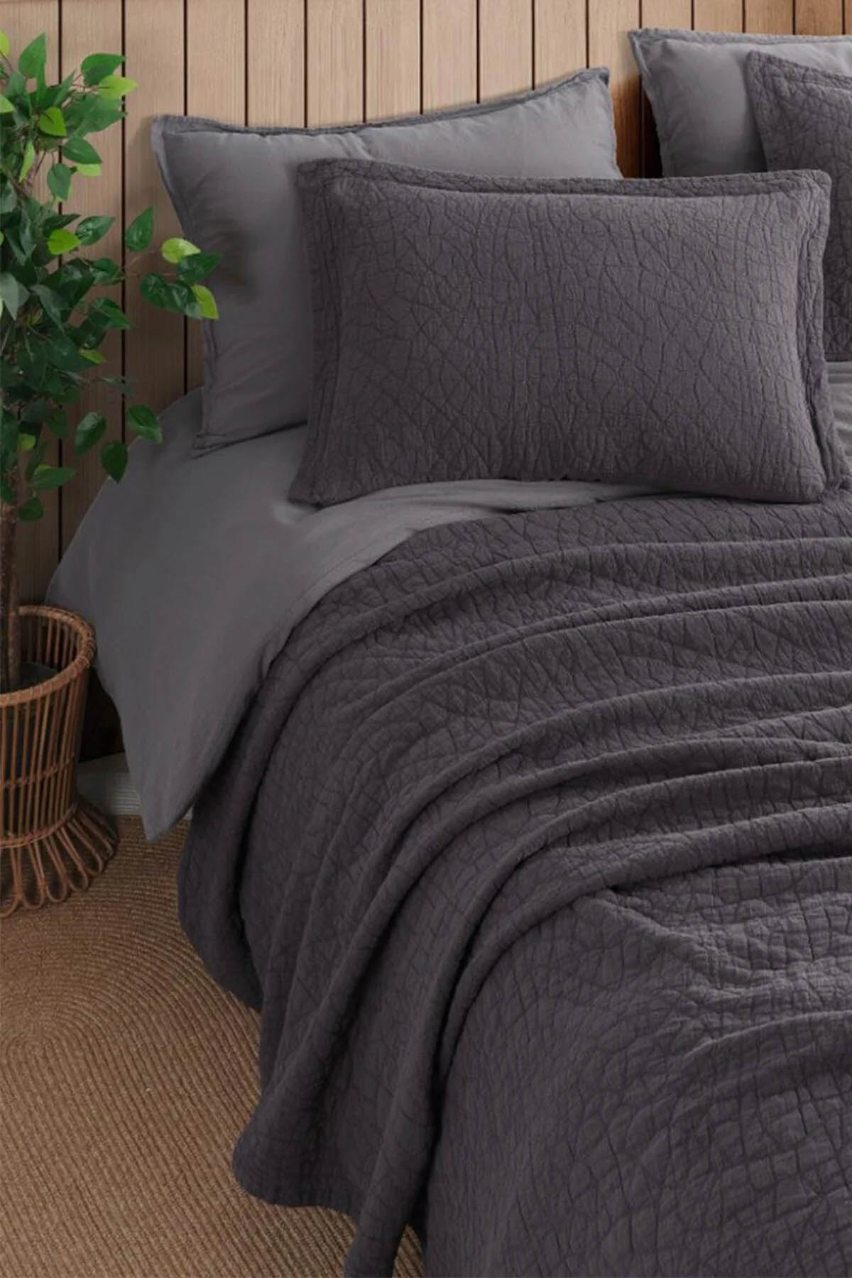 İyi Geceler Zen Stone Çift Kişilik %100 Pamuk Yatak Örtüsü Seti - Antrasit