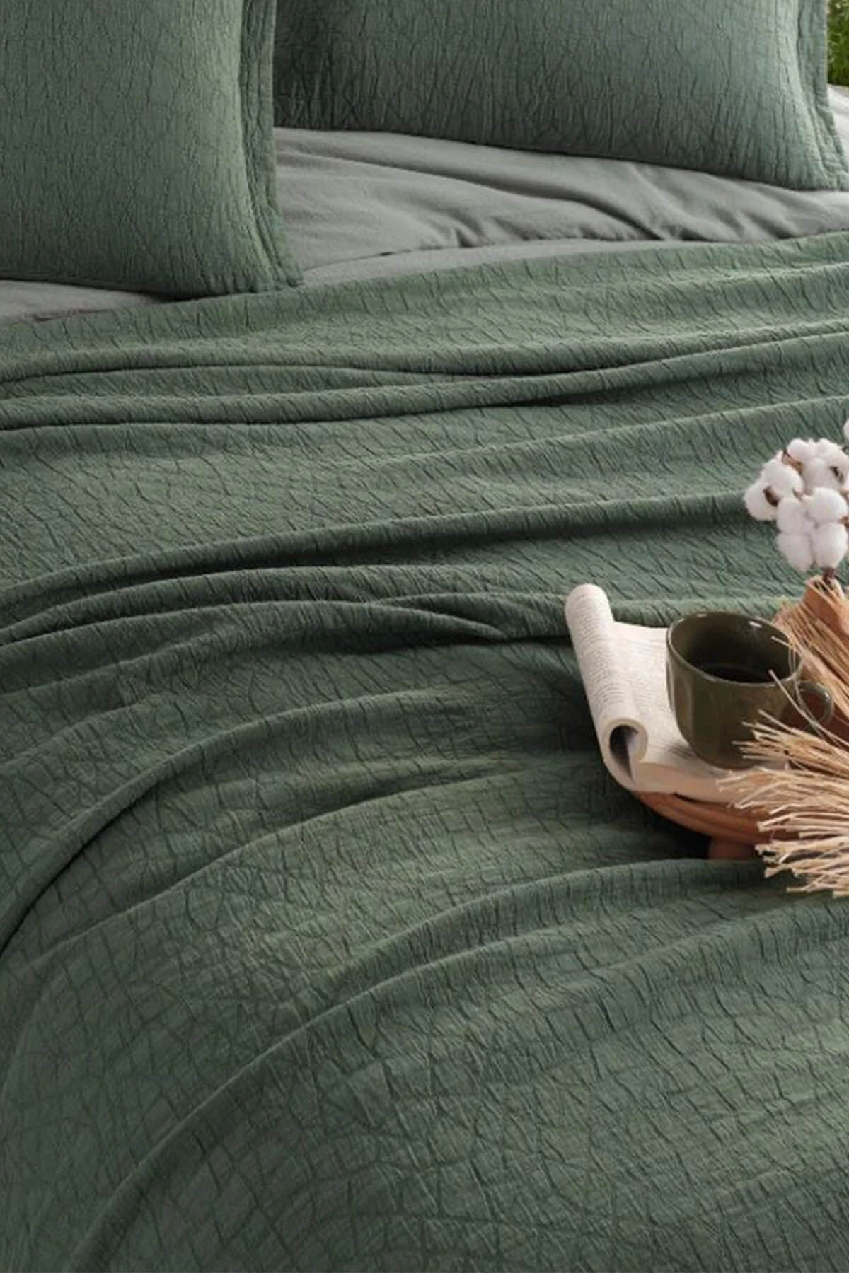 İyi Geceler Zen Stone Çift Kişilik %100 Pamuk Yatak Örtüsü Seti - Haki