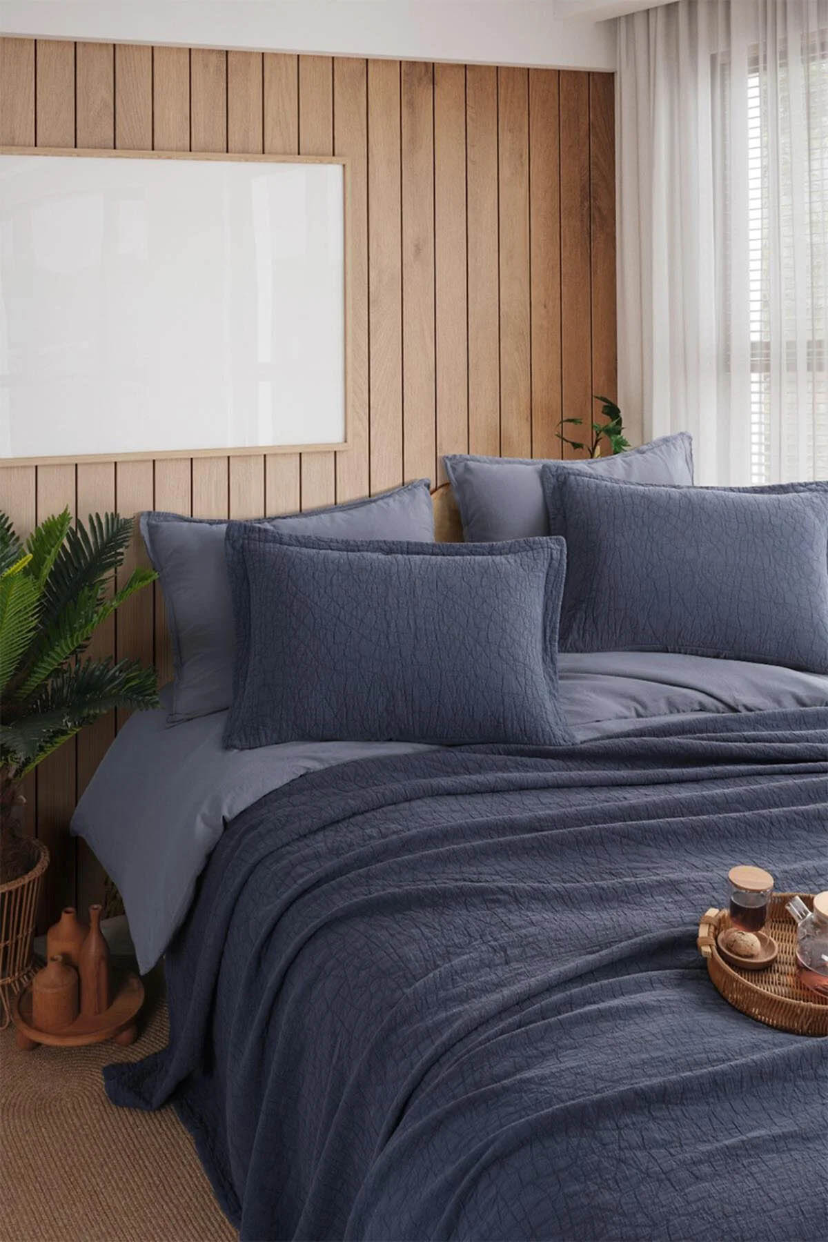 İyi Geceler Zen Stone Çift Kişilik %100 Pamuk Yatak Örtüsü Seti - İndigo