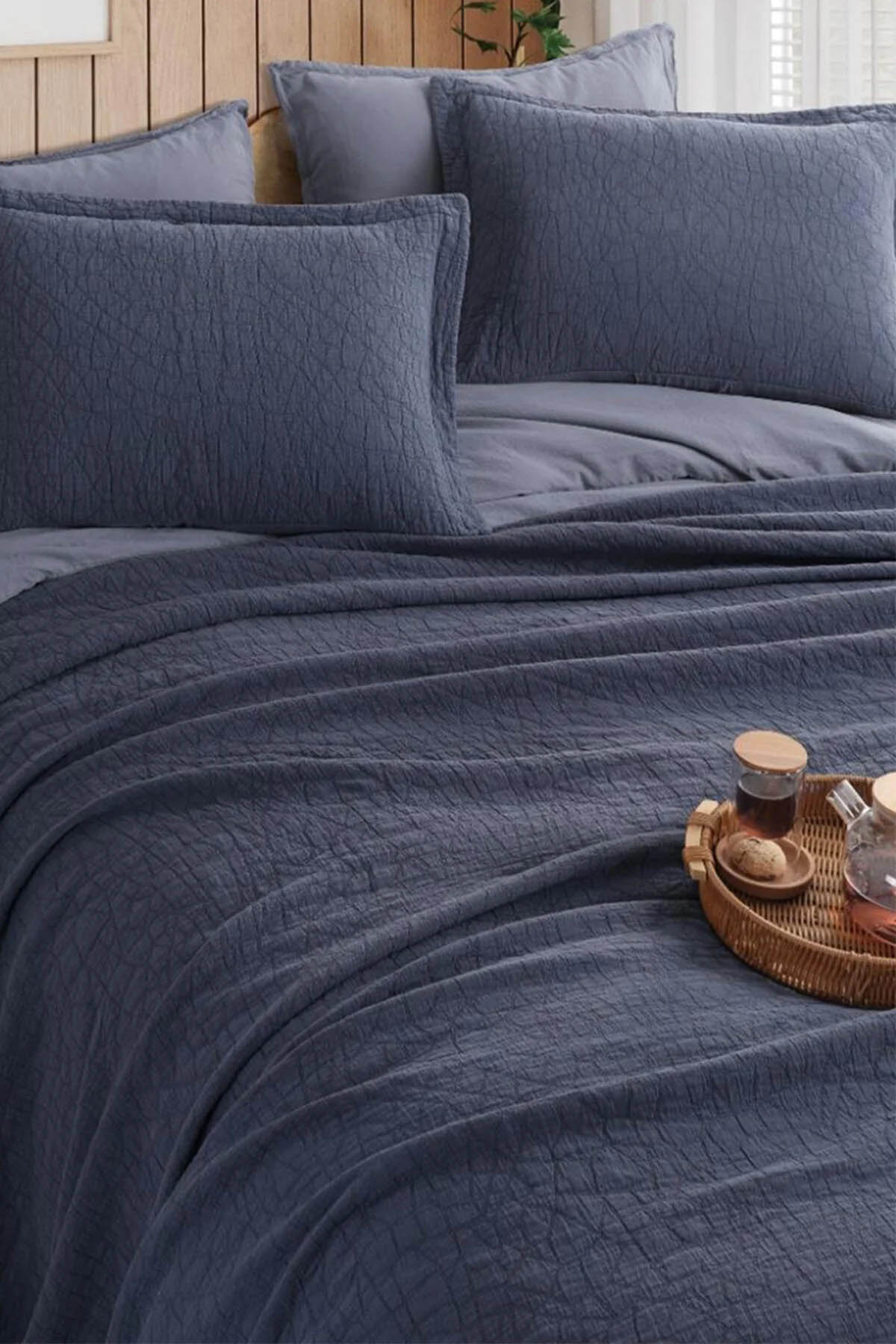 İyi Geceler Zen Stone Çift Kişilik %100 Pamuk Yatak Örtüsü Seti - İndigo