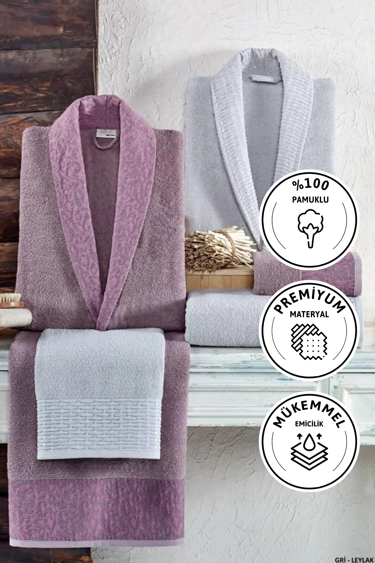 Kristal Dream Jakarlı 6 Parça Aile Bornoz Takımı - Gri - Leylak Kristal Dream Jakarlı 6 Parça Aile Bornoz Takımı - Gri - Leylak