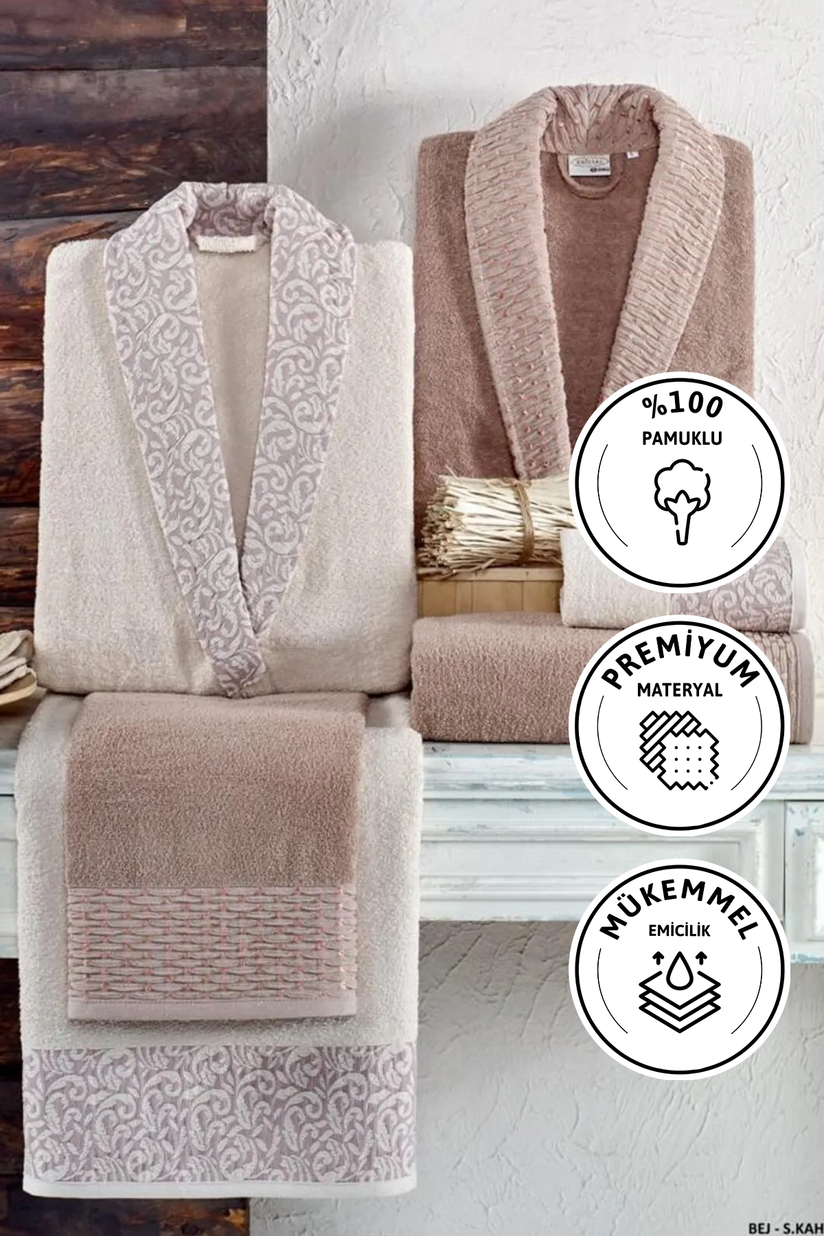 Kristal Dream Jakarlı 6 Parça Aile Bornoz Takımı - Sütlü Kahve - Bej