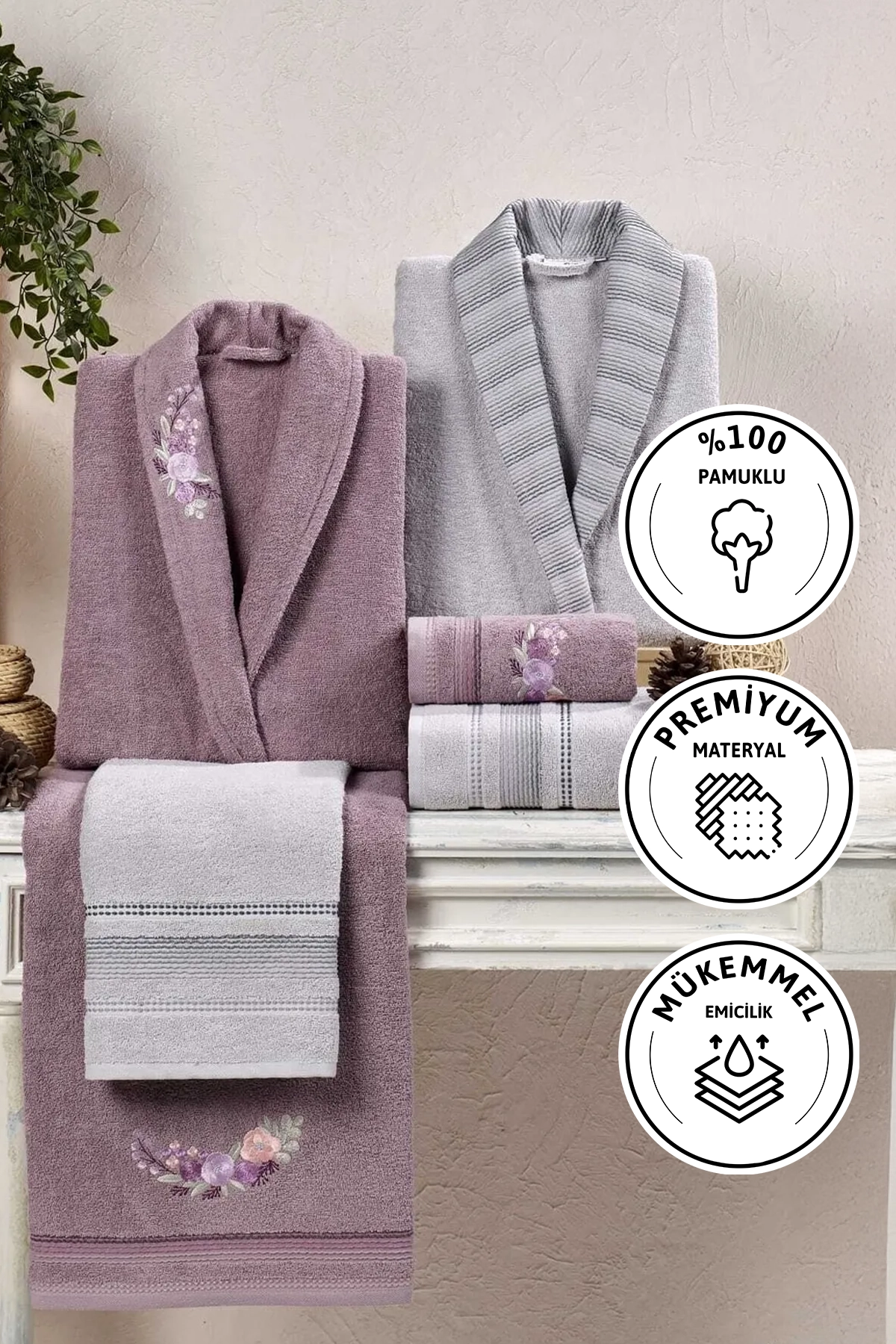 Kristal Soft Cotton Nakışlı 6 Parça Aile Bornoz Takımı - Gri - Leylak