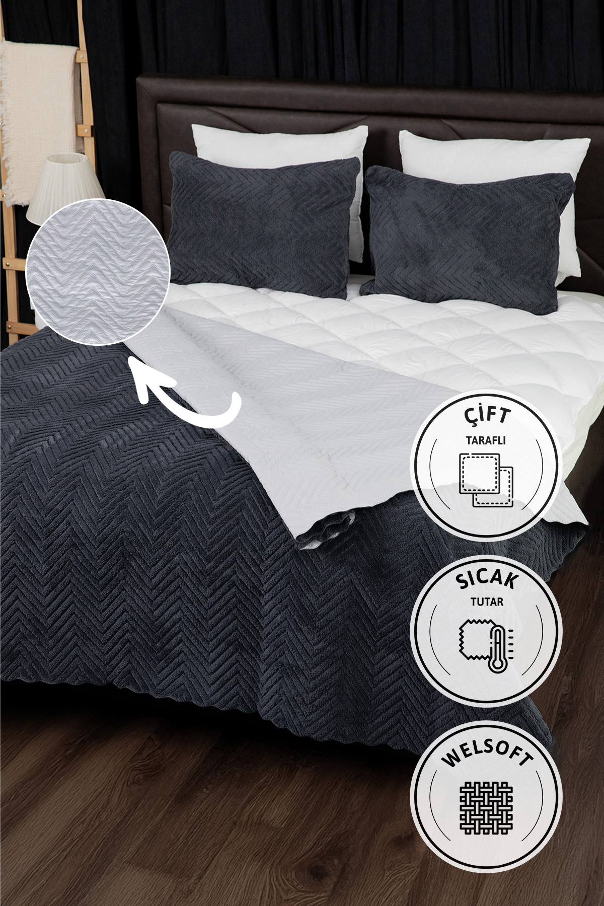 Liena Wellsoft Çift Taraflı 4 Mevsim Çift Kişilik Yatak Örtüsü - Antrasit Liena Wellsoft Çift Taraflı 4 Mevsim Çift Kişilik Yatak Örtüsü - Antrasit