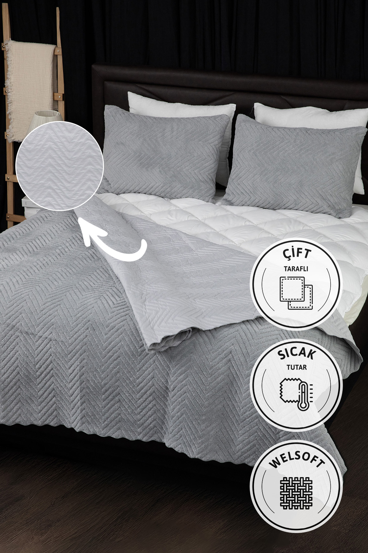 Liena Wellsoft Çift Taraflı 4 Mevsim Çift Kişilik Yatak Örtüsü - Gri Liena Wellsoft Çift Taraflı 4 Mevsim Çift Kişilik Yatak Örtüsü - Gri