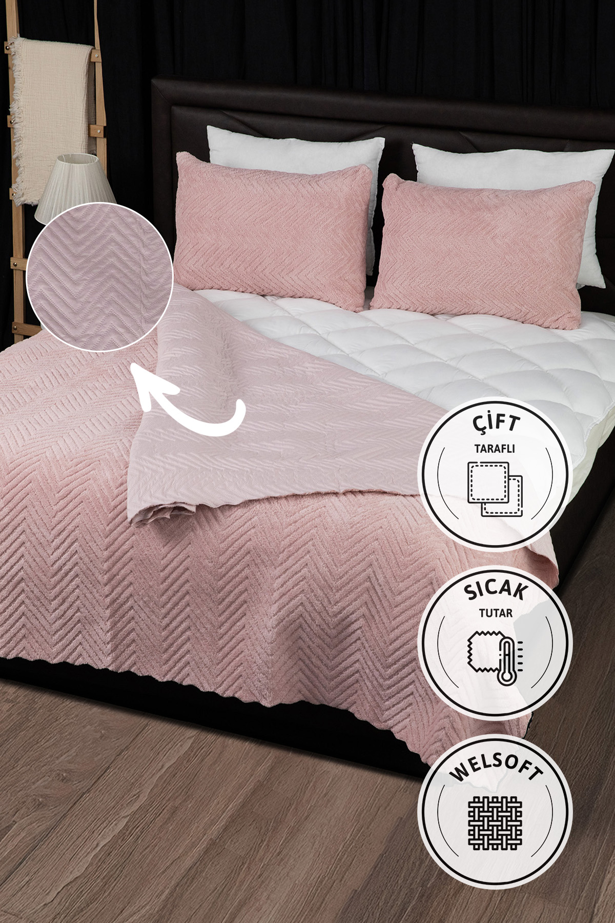 Liena Wellsoft Çift Taraflı 4 Mevsim Çift Kişilik Yatak Örtüsü - Pudra Liena Wellsoft Çift Taraflı 4 Mevsim Çift Kişilik Yatak Örtüsü - Pudra