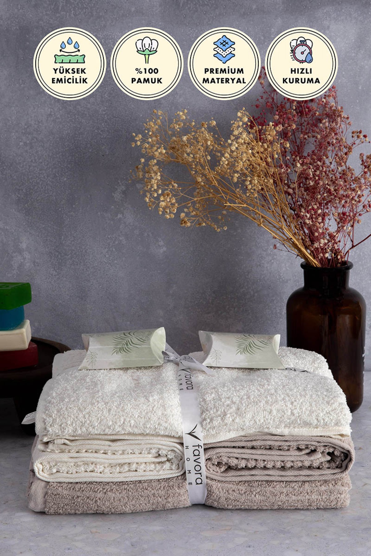 Line %100 Pamuk Luxury 6 Parça Havlu Hamam Seti - Bej Krem Line %100 Pamuk Luxury 6 Parça Havlu Hamam Seti - Bej Krem