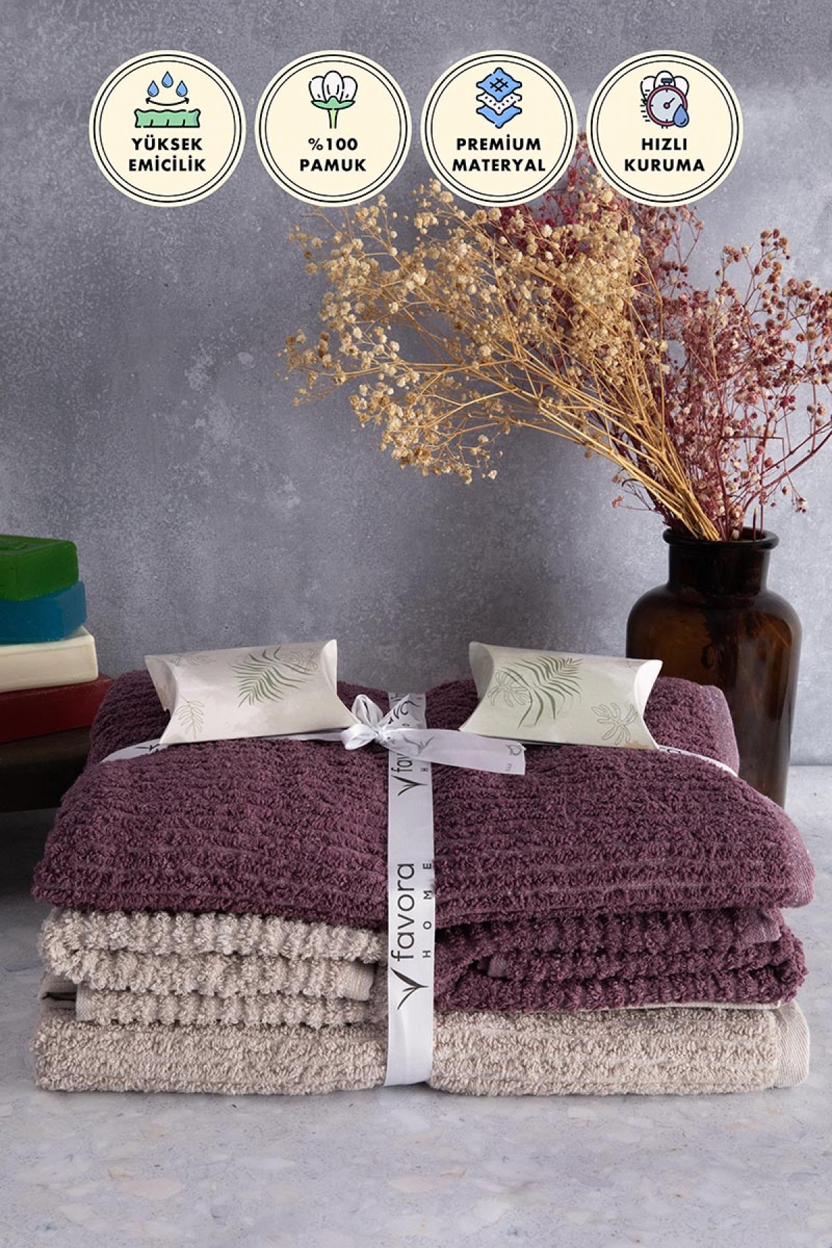 Line %100 Pamuk Luxury 6 Parça Havlu Hamam Seti - Bej Mürdüm Line %100 Pamuk Luxury 6 Parça Havlu Hamam Seti - Bej Mürdüm