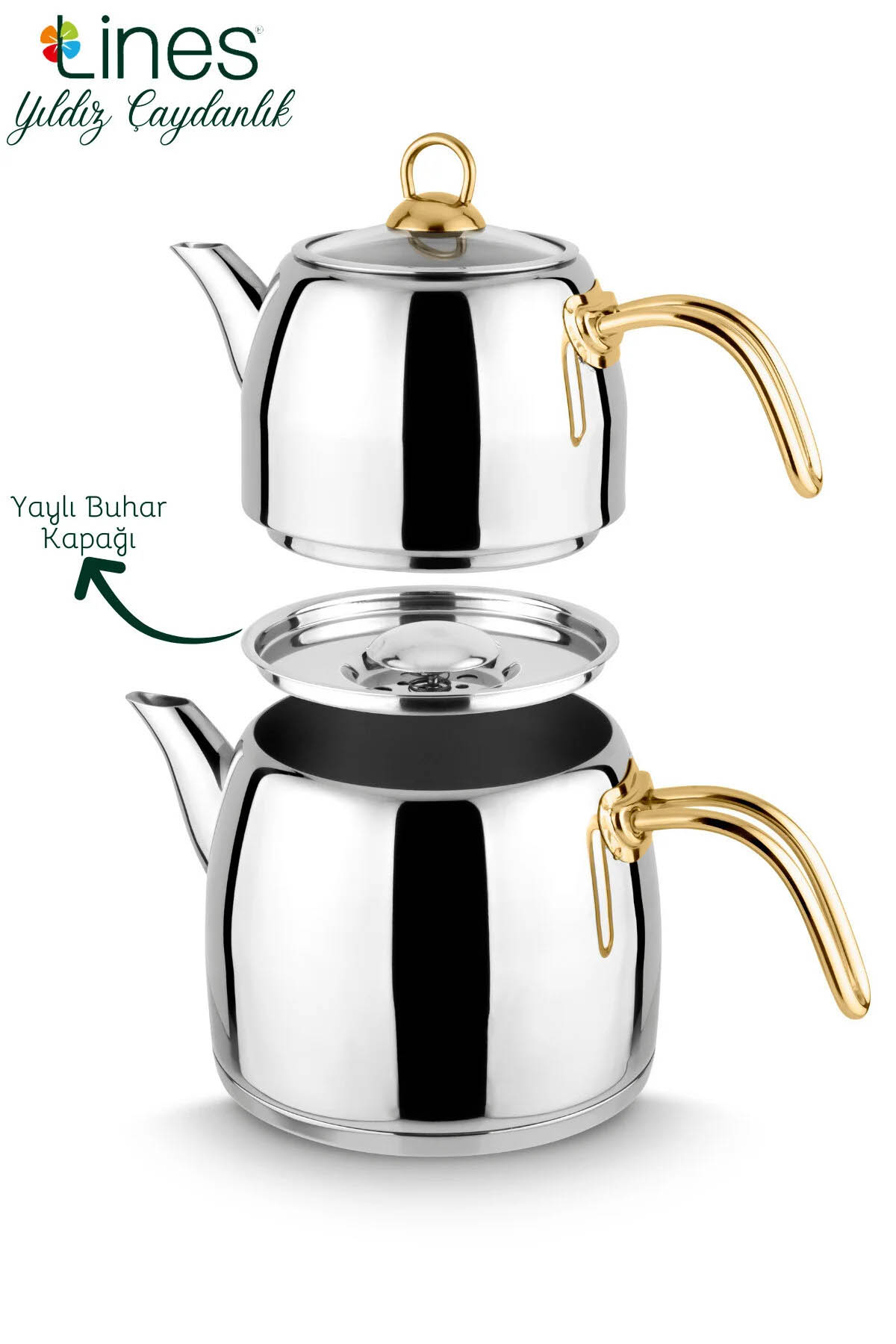 Lines Yıldız Paslanmaz Çelik Çaydanlık Altın Kulp-Aile Boy