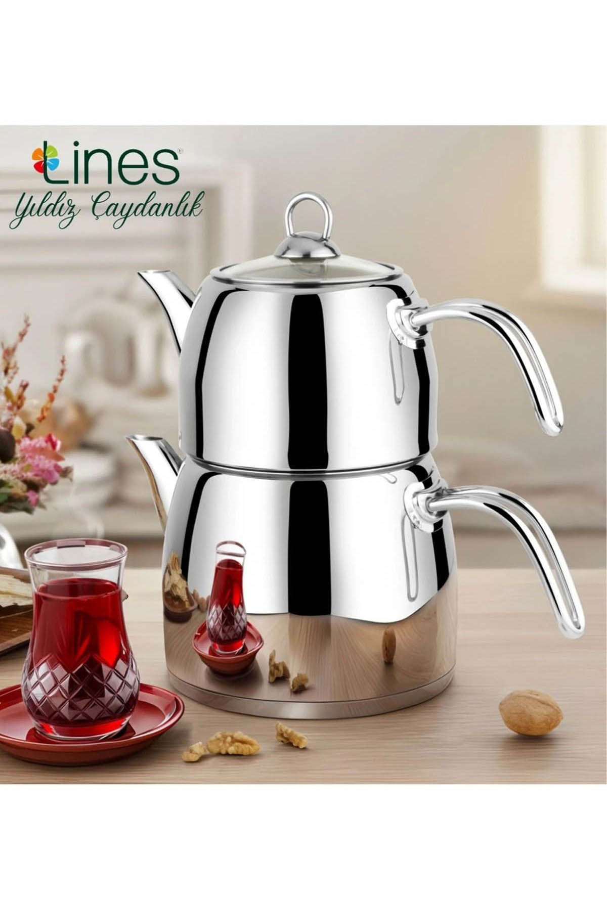 Lines Yıldız Paslanmaz Çelik Çaydanlık Altın Kulp-Orta Boy