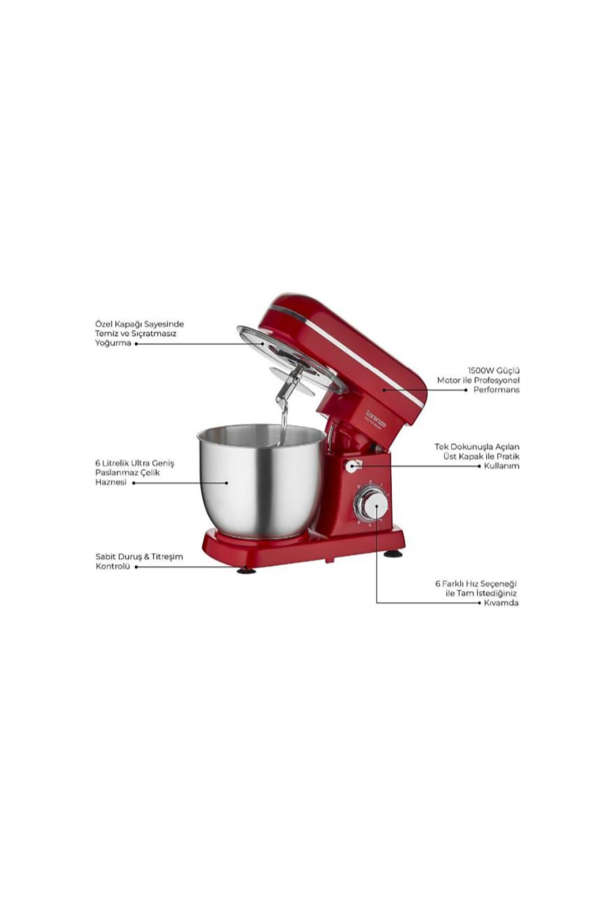 Lorenzo Masterplus Stand Mixer - Kırmızı