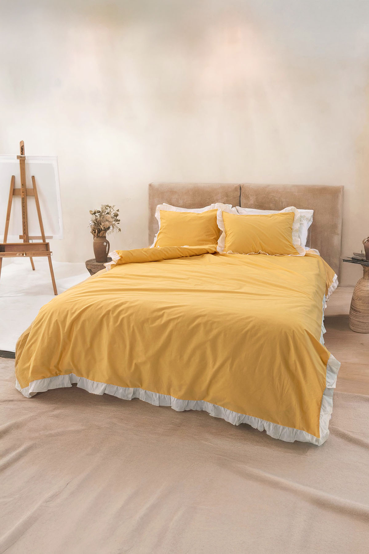 Lunaris Premium %100 Pamuk Fırfırlı Çift Kişilik Nevresim Takımı - Sarı