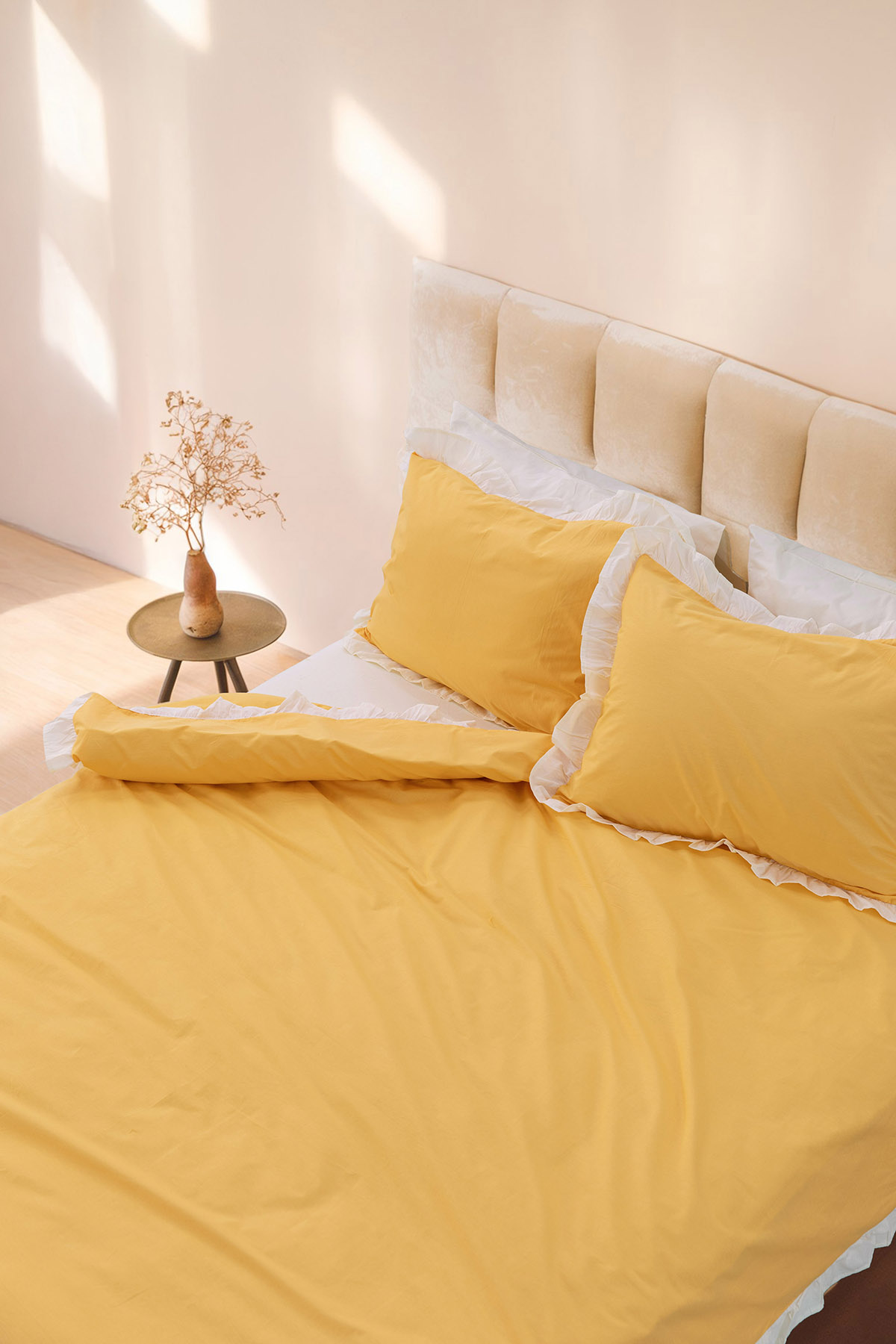 Lunaris Premium %100 Pamuk Fırfırlı Çift Kişilik Nevresim Takımı - Sarı