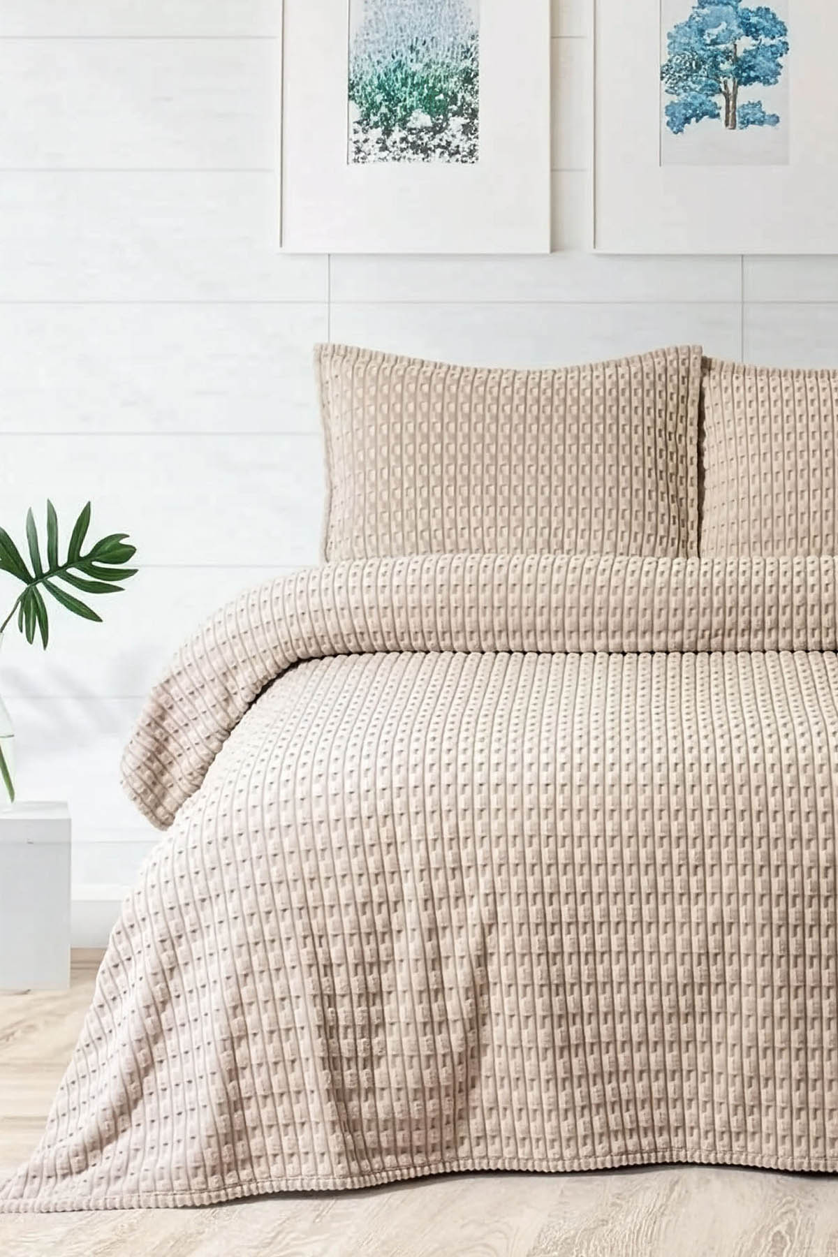 Merinos Modern Line Twist 3 Parça Çift Kişilik Battaniye Seti - Vizon Merinos Modern Line Twist 3 Parça Çift Kişilik Battaniye Seti - Vizon