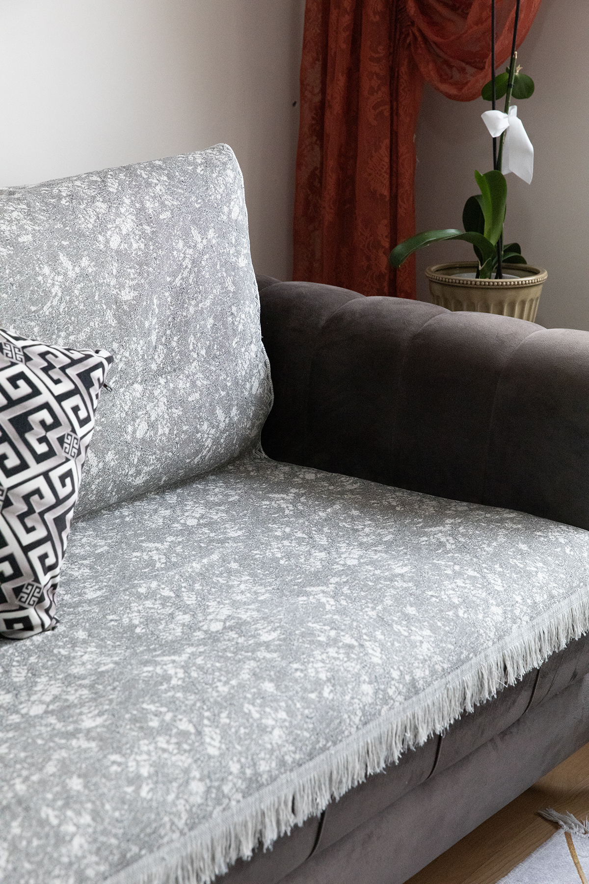 Mozaik Pamuklu Saçaklı Koltuk - Çekyat Örtüsü 170x220 - Gri Mozaik Pamuklu Saçaklı Koltuk - Çekyat Örtüsü 170x220 - Gri